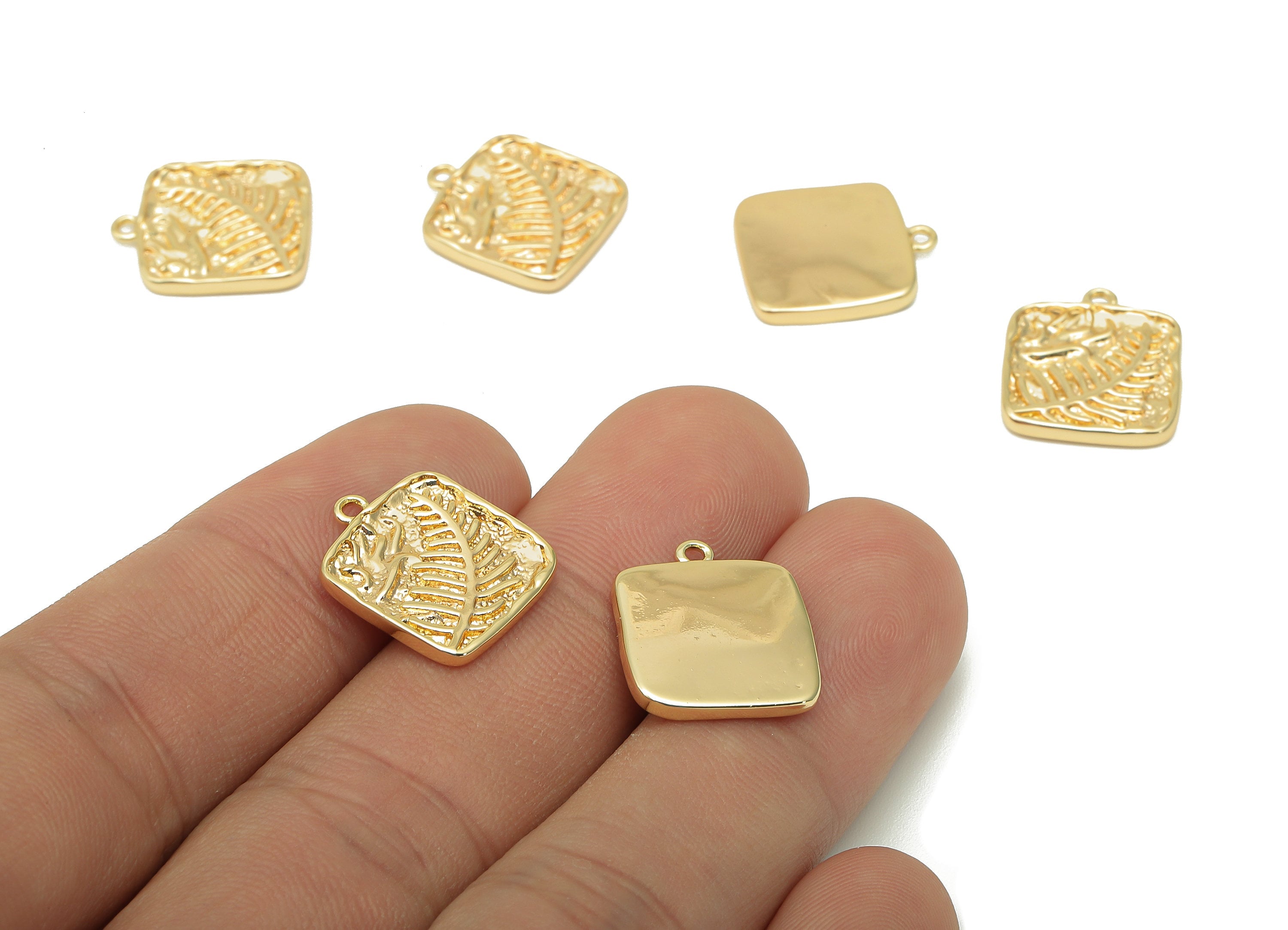 Brass Wheat Square Earring Charm - Gold Textured Ears Of Wheat Earring - Pendant With Loop - 18K Real Gold Plating - 16.2x14x2mm - RGP5700 - DOMEDBAZAAR