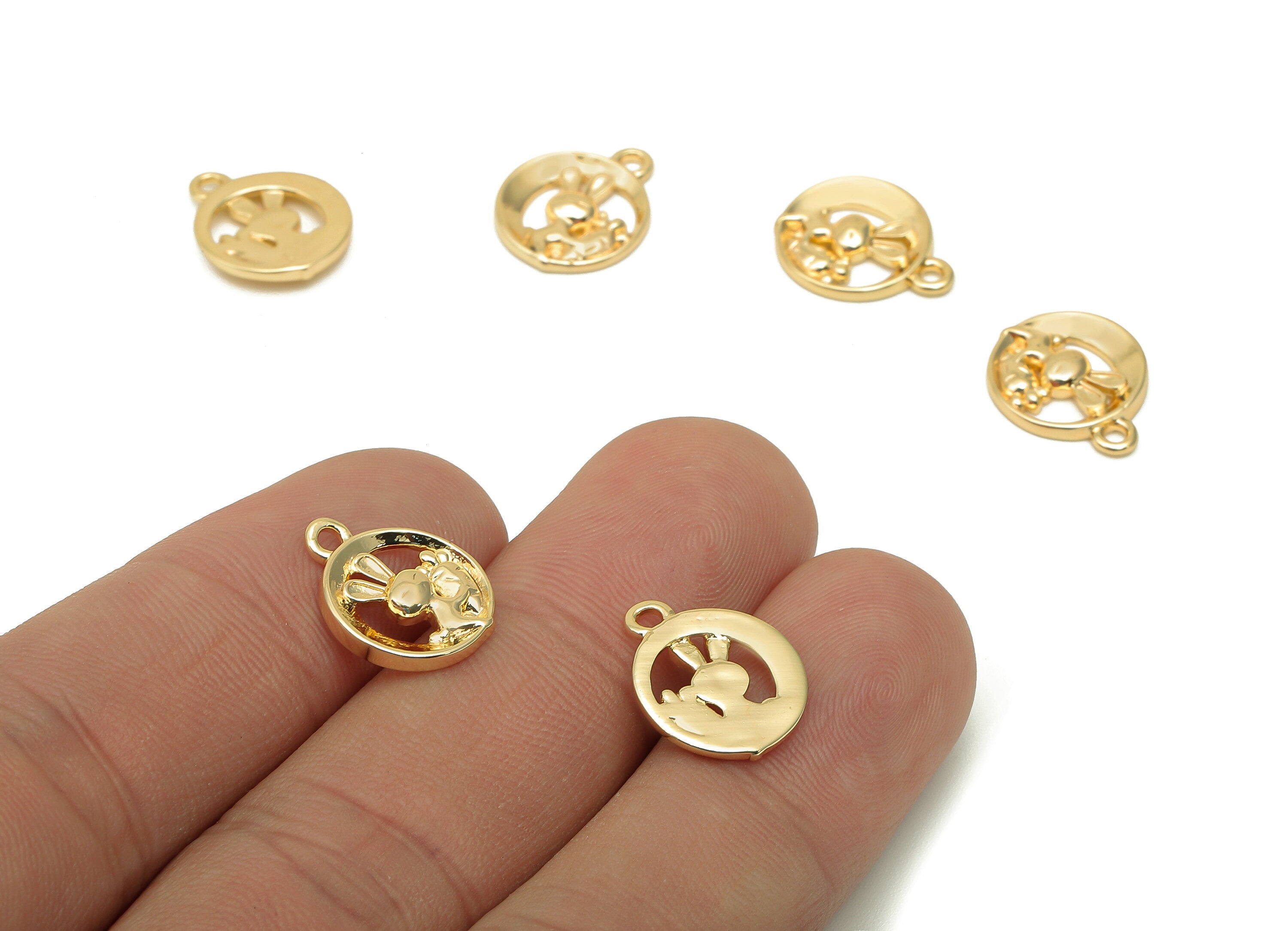 Brass Rabbit Hollow Round Earring - Rabbit Pendant With Loop - Circle Charm For Necklace - 18K Real Gold Plating - 14.4x11.8x2.1mm - RGP5709 - DOMEDBAZAAR