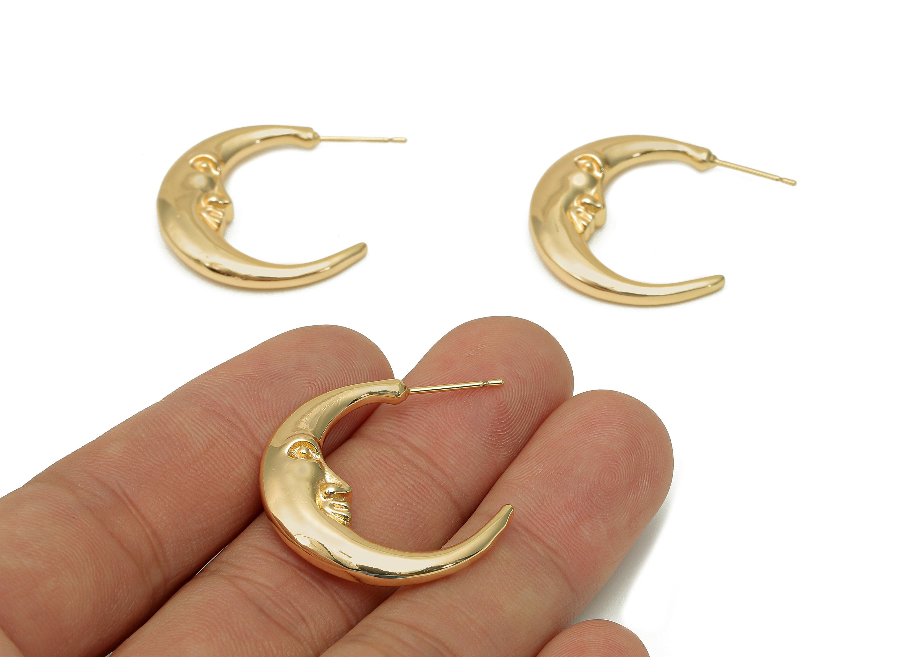 Brass Crescent Face Earring Post - Hoop Stud Earring With Loop - 316 Stainless Steel - 18K Real Gold Plating - 28.3x32.8x5.6mm - RGP5696 - DOMEDBAZAAR