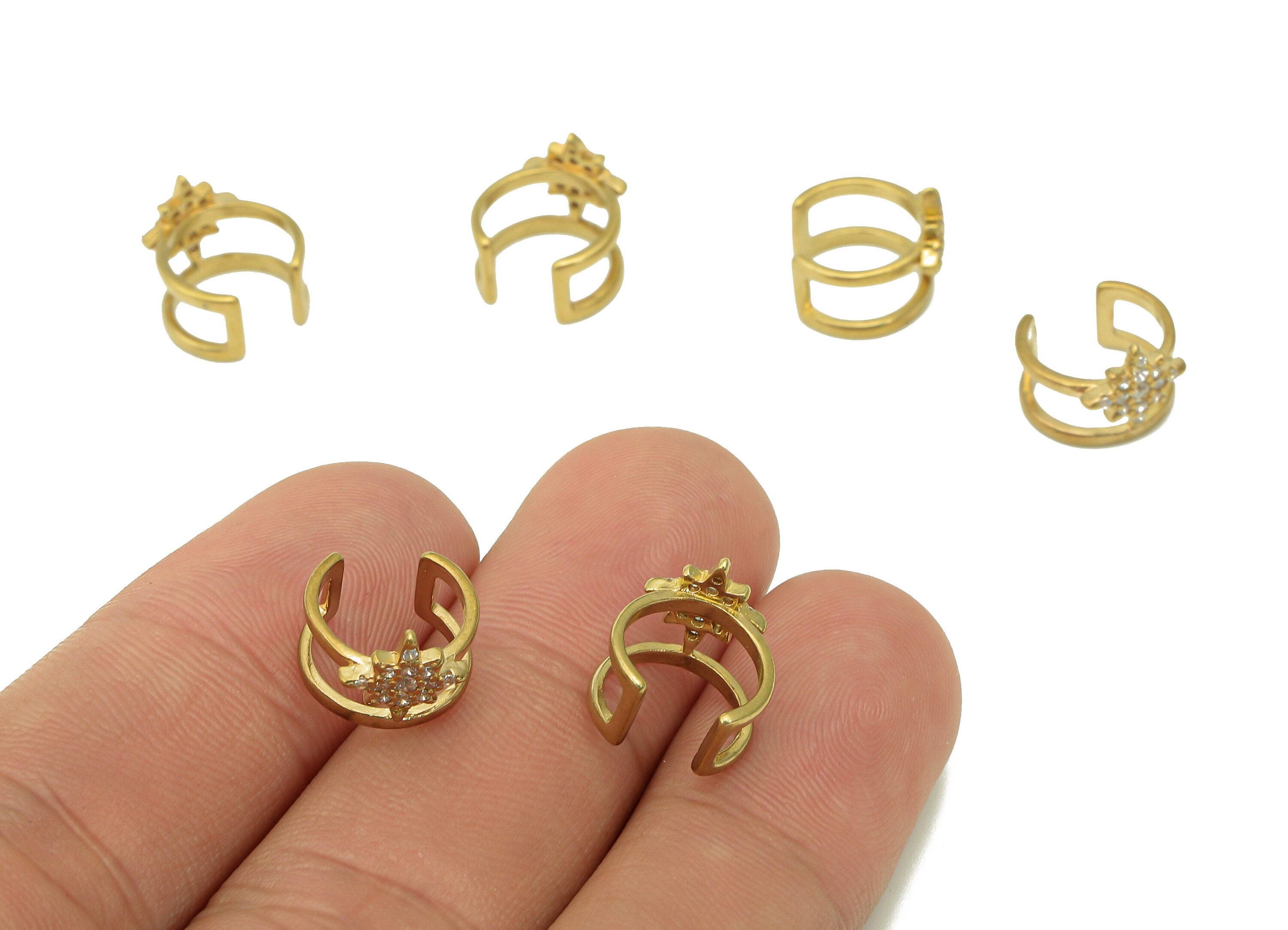 Brass Star Open Round Ring - Raw Brass Cuff Earring With Zircon - C Circle Hoop Hollow Ear Cuff - Star Cuff Ear - 10.8x11.1x1.2mm - PP8116 - DOMEDBAZAAR