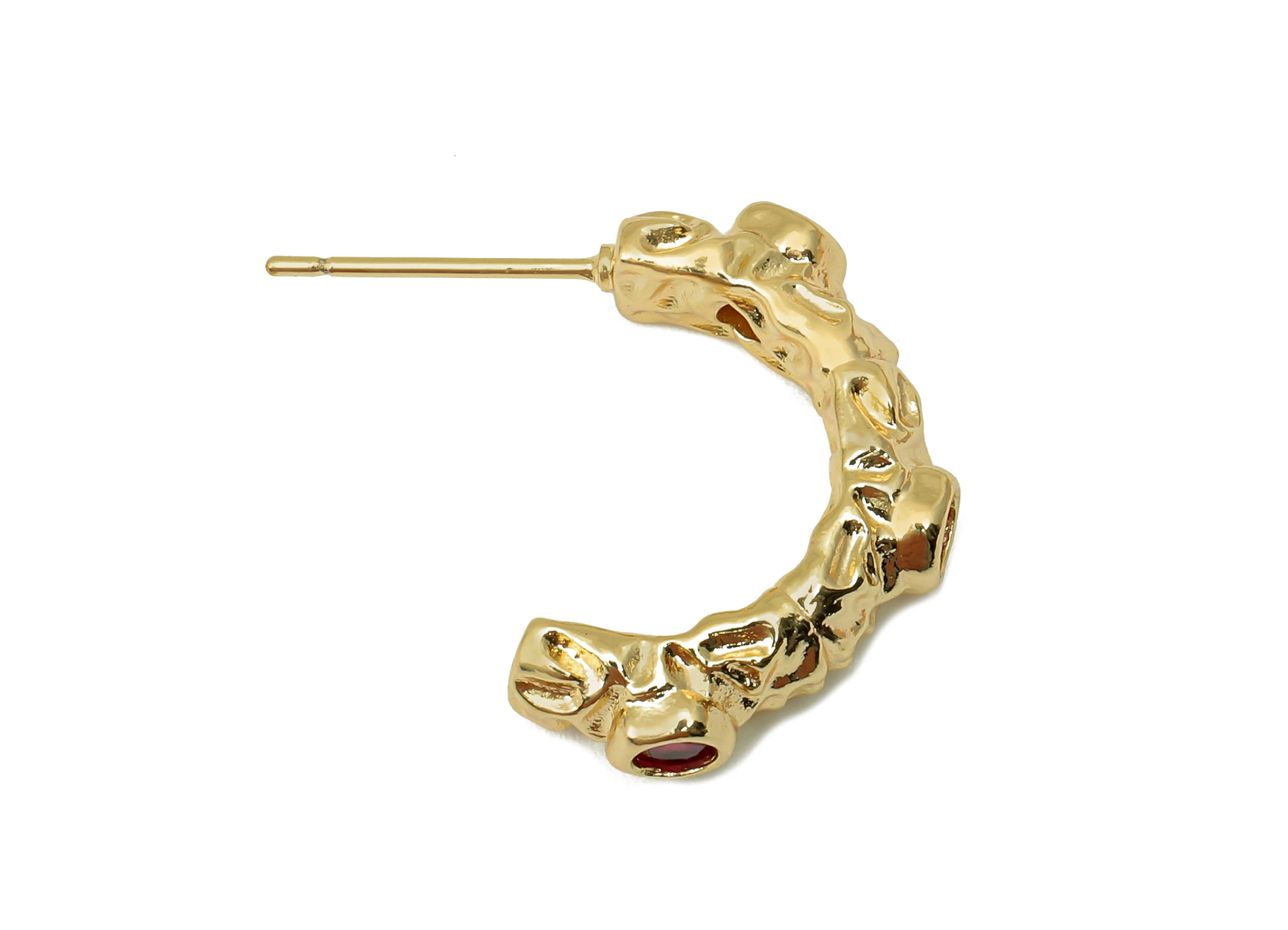 Brass Open Hoop Stud Earring - Textured Earring Post With Red Zircon - 316 Stainless Steel Stud - 18K Real Gold Plating - 21x14x4mm -RGP5595 - DOMEDBAZAAR