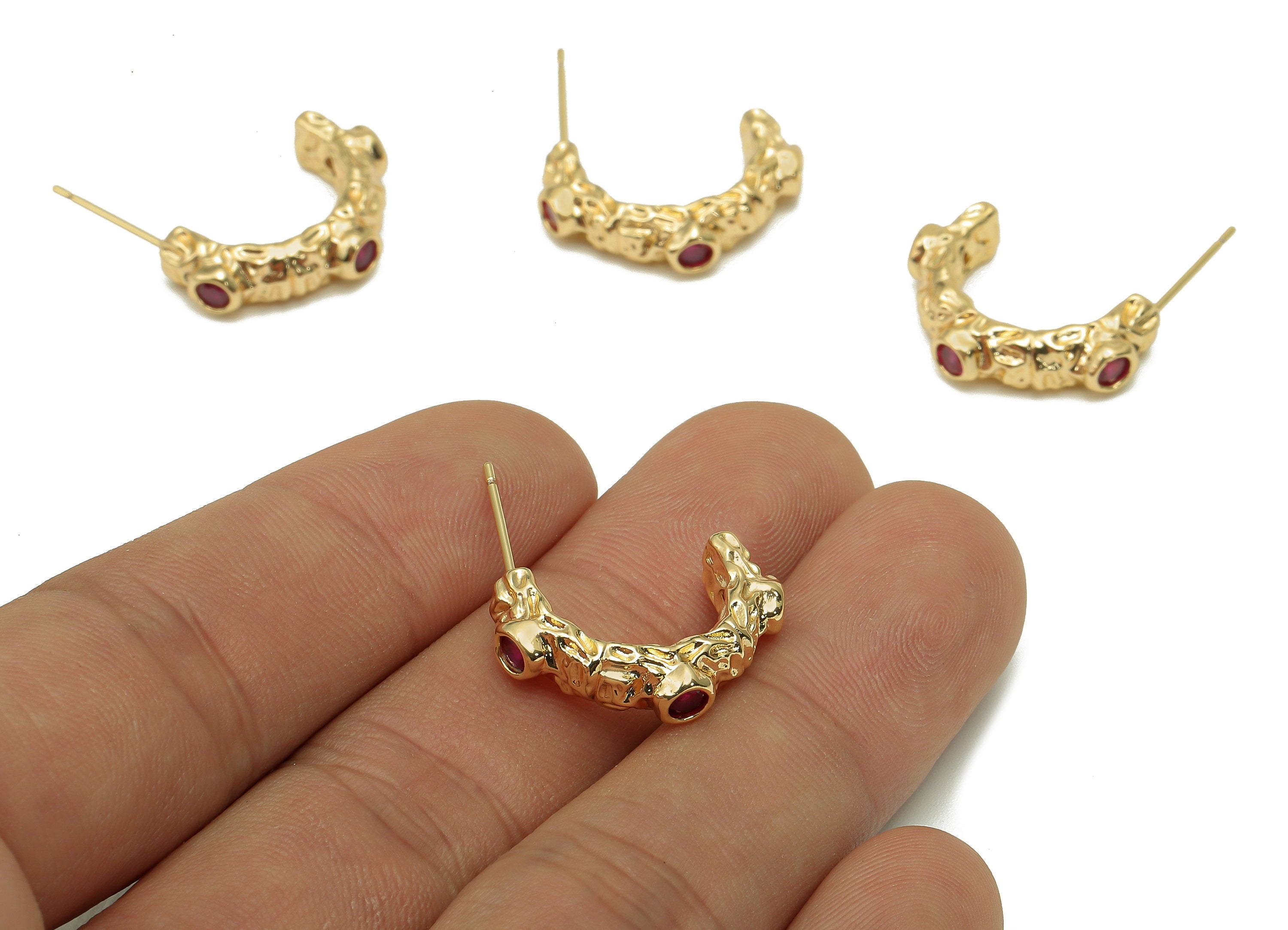 Brass Open Hoop Stud Earring - Textured Earring Post With Red Zircon - 316 Stainless Steel Stud - 18K Real Gold Plating - 21x14x4mm -RGP5595 - DOMEDBAZAAR