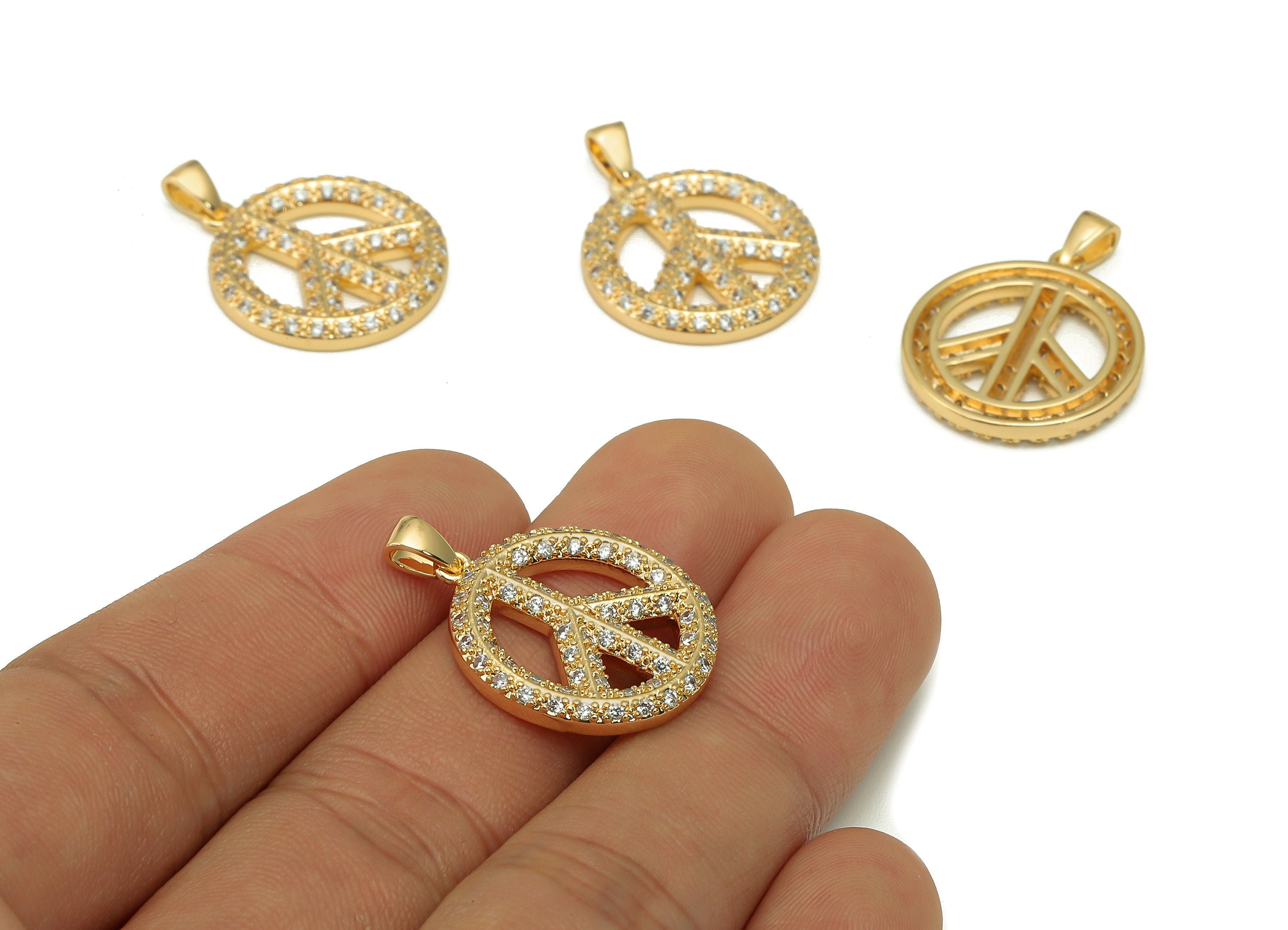 Brass Round Earring Charm - Circle Peace Sign Earring With Zircon - Peace Pendant With Loop - 18K Real Gold Plating - 27x20x2.6mm - RGP5596 - DOMEDBAZAAR