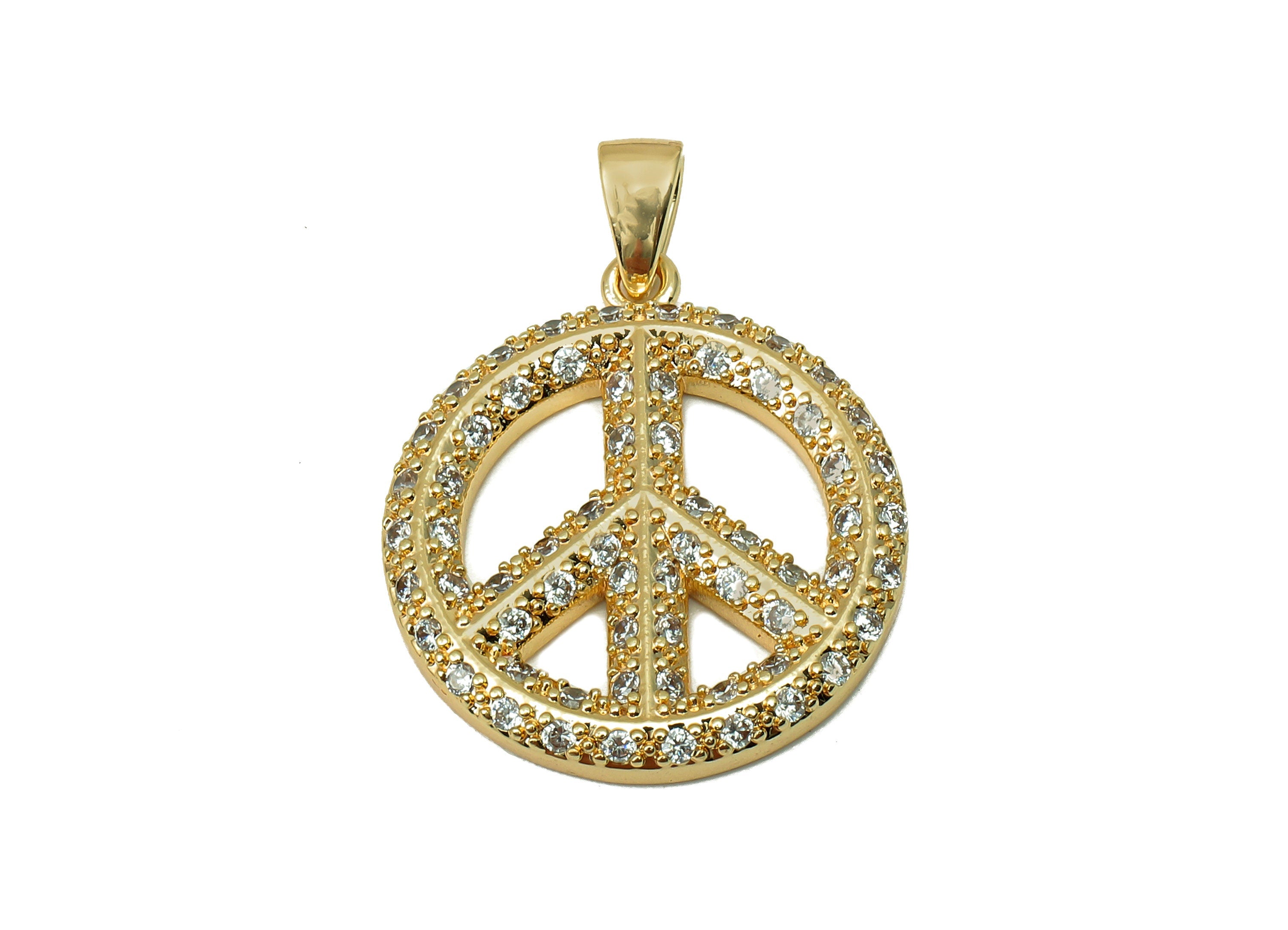 Brass Round Earring Charm - Circle Peace Sign Earring With Zircon - Peace Pendant With Loop - 18K Real Gold Plating - 27x20x2.6mm - RGP5596 - DOMEDBAZAAR