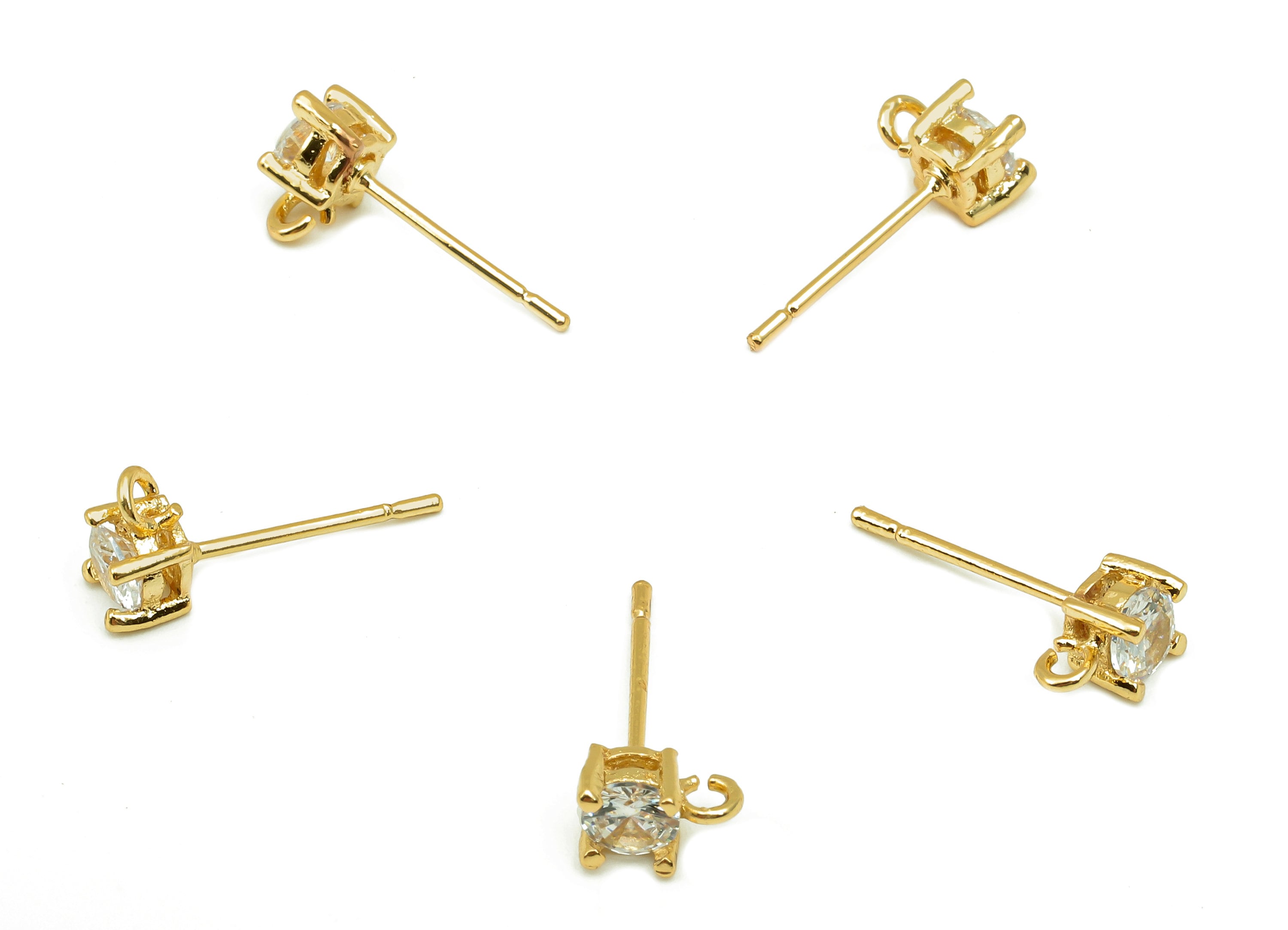 Brass Mini Roud Earring Post - Zircon Stud Earring With Loop - 316 Stainless Steel Stud - 18K Real Gold Plating - 6.5x4.3x3.3mm - RGP4538 - DOMEDBAZAAR