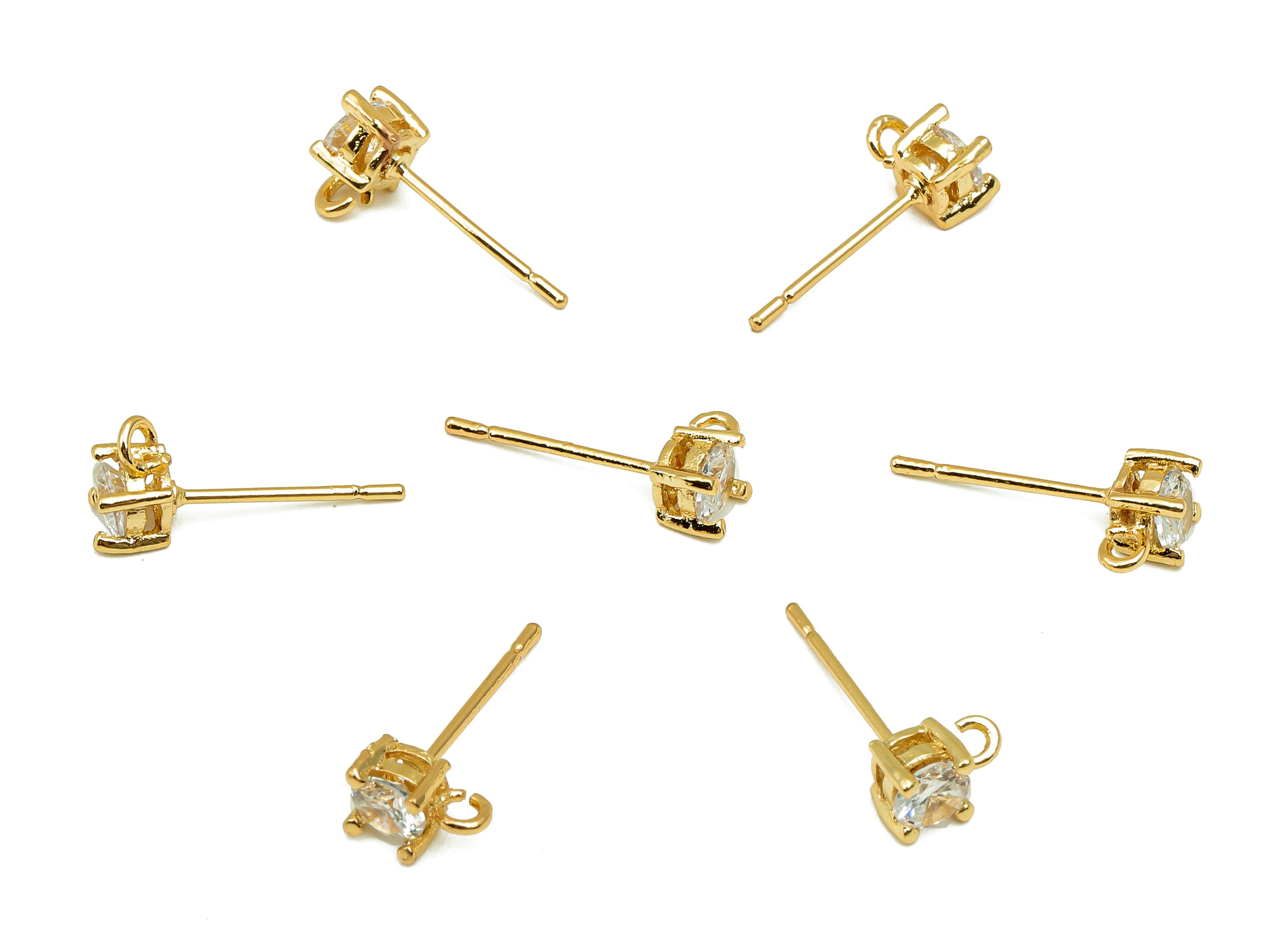 Brass Mini Roud Earring Post - Zircon Stud Earring With Loop - 316 Stainless Steel Stud - 18K Real Gold Plating - 6.5x4.3x3.3mm - RGP4538 - DOMEDBAZAAR