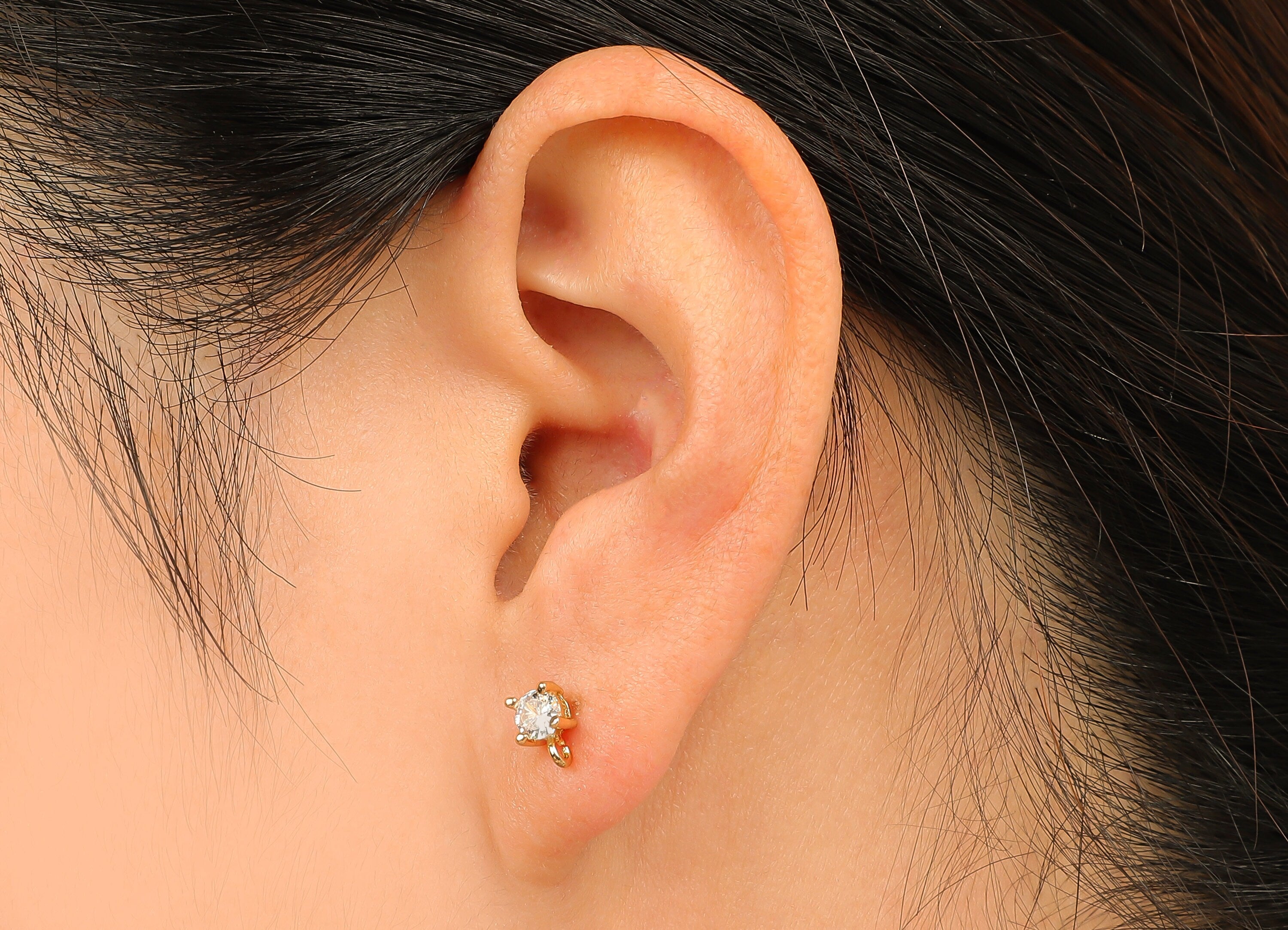 Brass Mini Roud Earring Post - Zircon Stud Earring With Loop - 316 Stainless Steel Stud - 18K Real Gold Plating - 6.5x4.3x3.3mm - RGP4538 - DOMEDBAZAAR