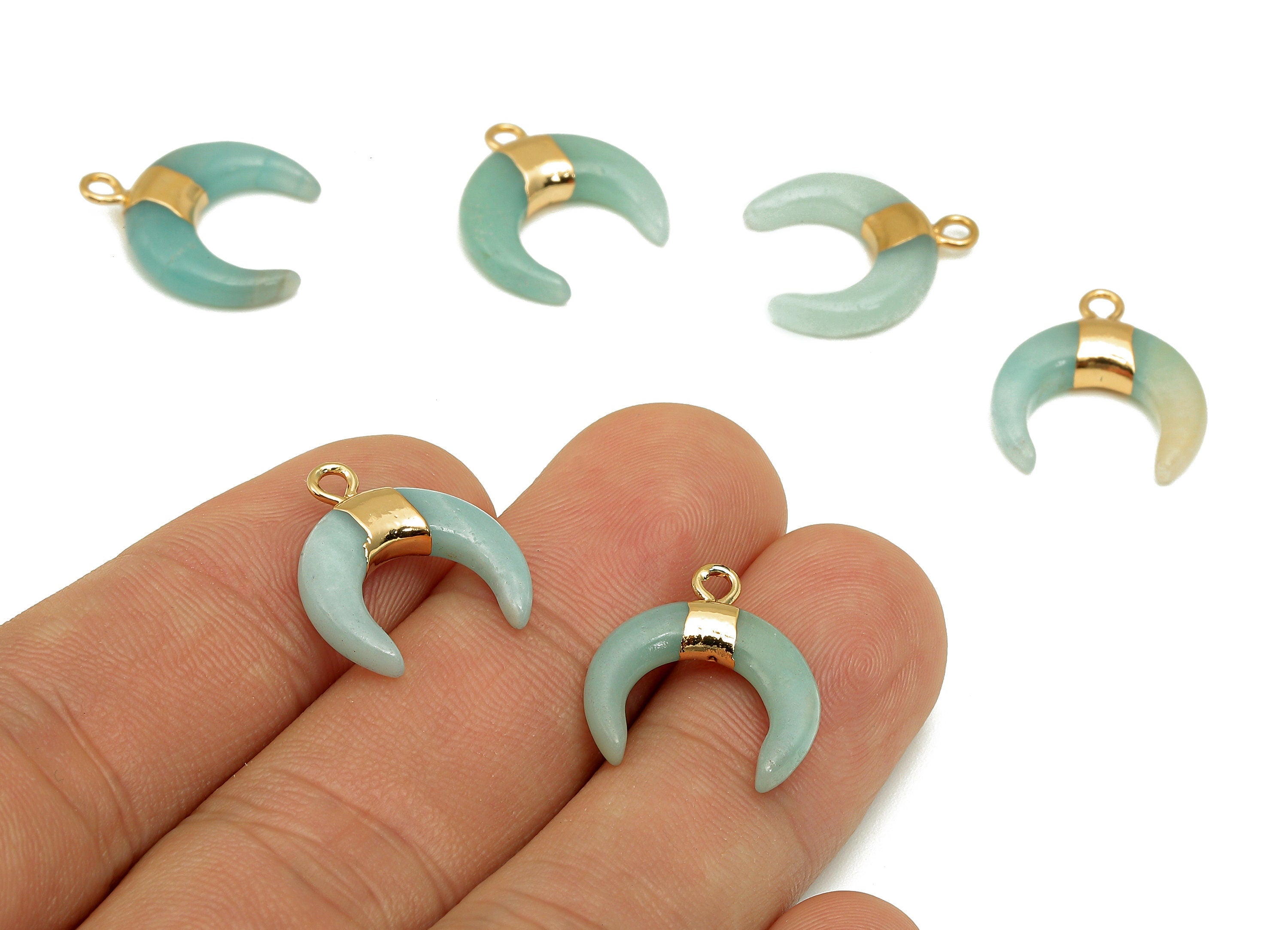 Brass Light Green Crescent Amazonite - Moon Gemstone Pendant With Loop - Natural Stone - Gold Tone Plated Brass - 15.7x18.2x3.7mm - NS1889B - DOMEDBAZAAR