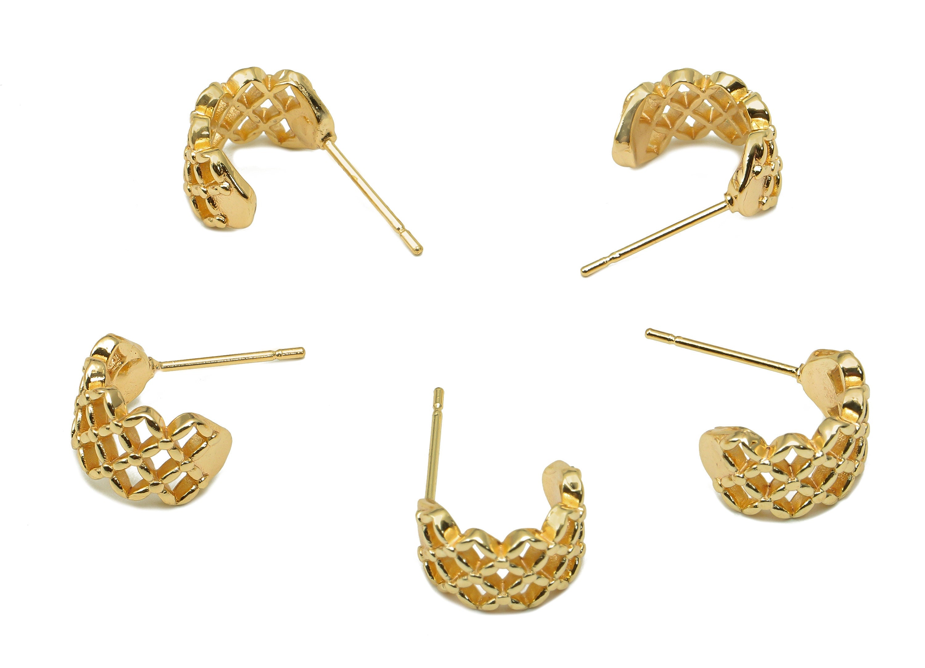 Brass Knitting Huggie C Stud Earrings - Mesh Earring Post - 316 Stainless Steel Stud - 18K Real Gold Plating - 20x12.1x1.6mm - RGP5600 - DOMEDBAZAAR