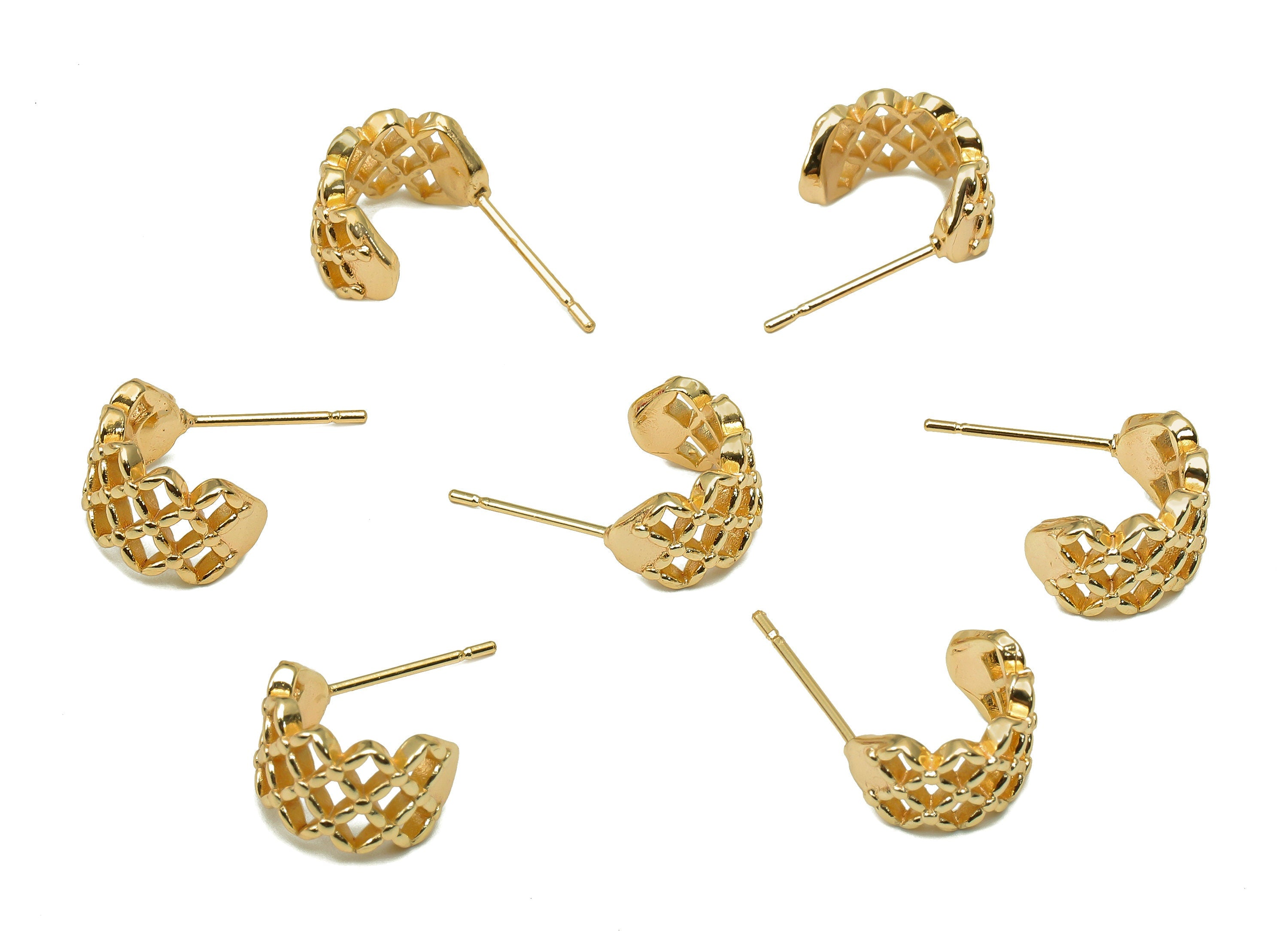 Brass Knitting Huggie C Stud Earrings - Mesh Earring Post - 316 Stainless Steel Stud - 18K Real Gold Plating - 20x12.1x1.6mm - RGP5600 - DOMEDBAZAAR