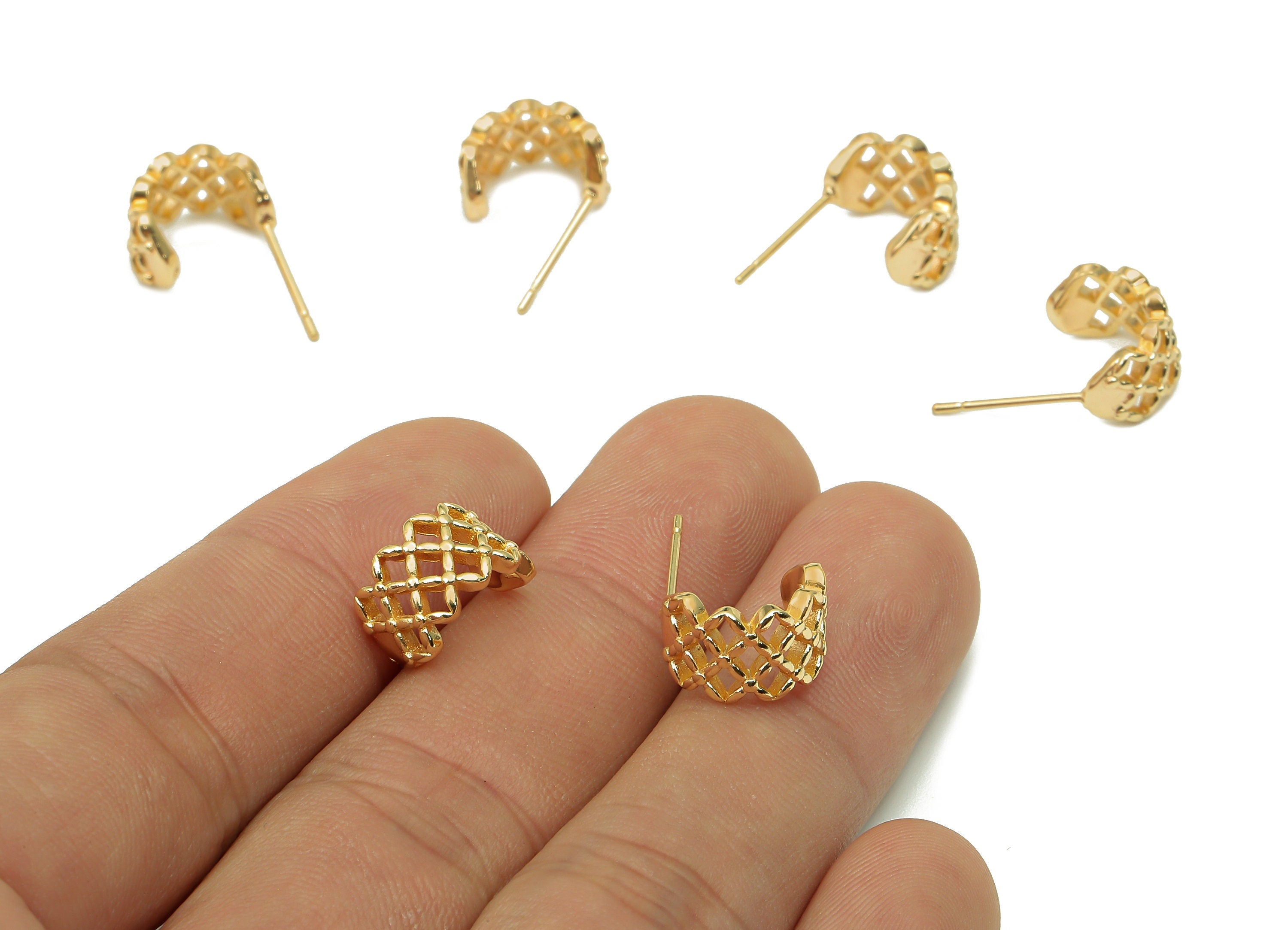 Brass Knitting Huggie C Stud Earrings - Mesh Earring Post - 316 Stainless Steel Stud - 18K Real Gold Plating - 20x12.1x1.6mm - RGP5600 - DOMEDBAZAAR