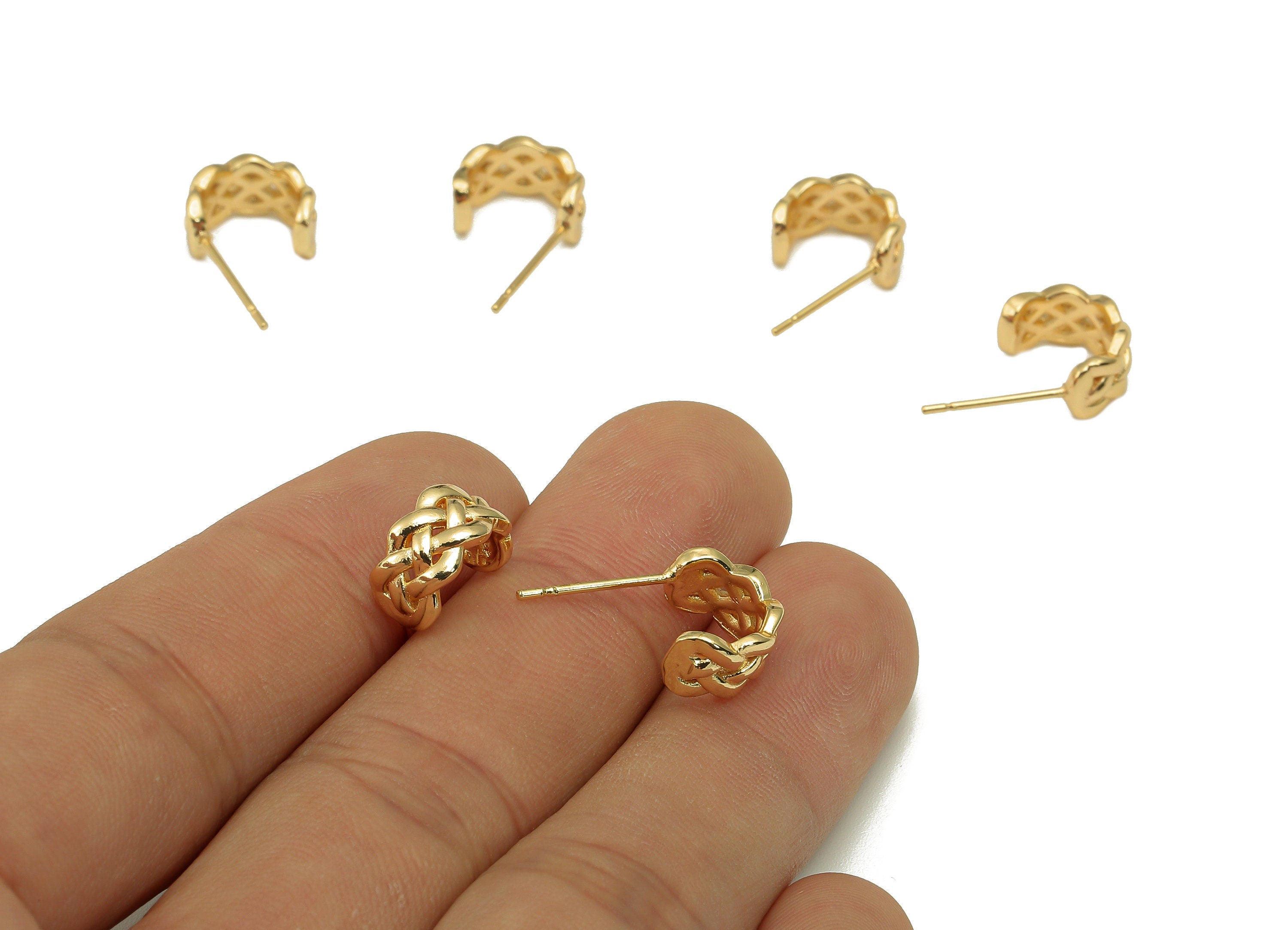 Brass Knitting Huggie C Stud Earrings - Wide Braid Earring Post - 316 Stainless Steel Stud - 18K Real Gold Plating - 19.3x11x1.8mm - RGP5601 - DOMEDBAZAAR
