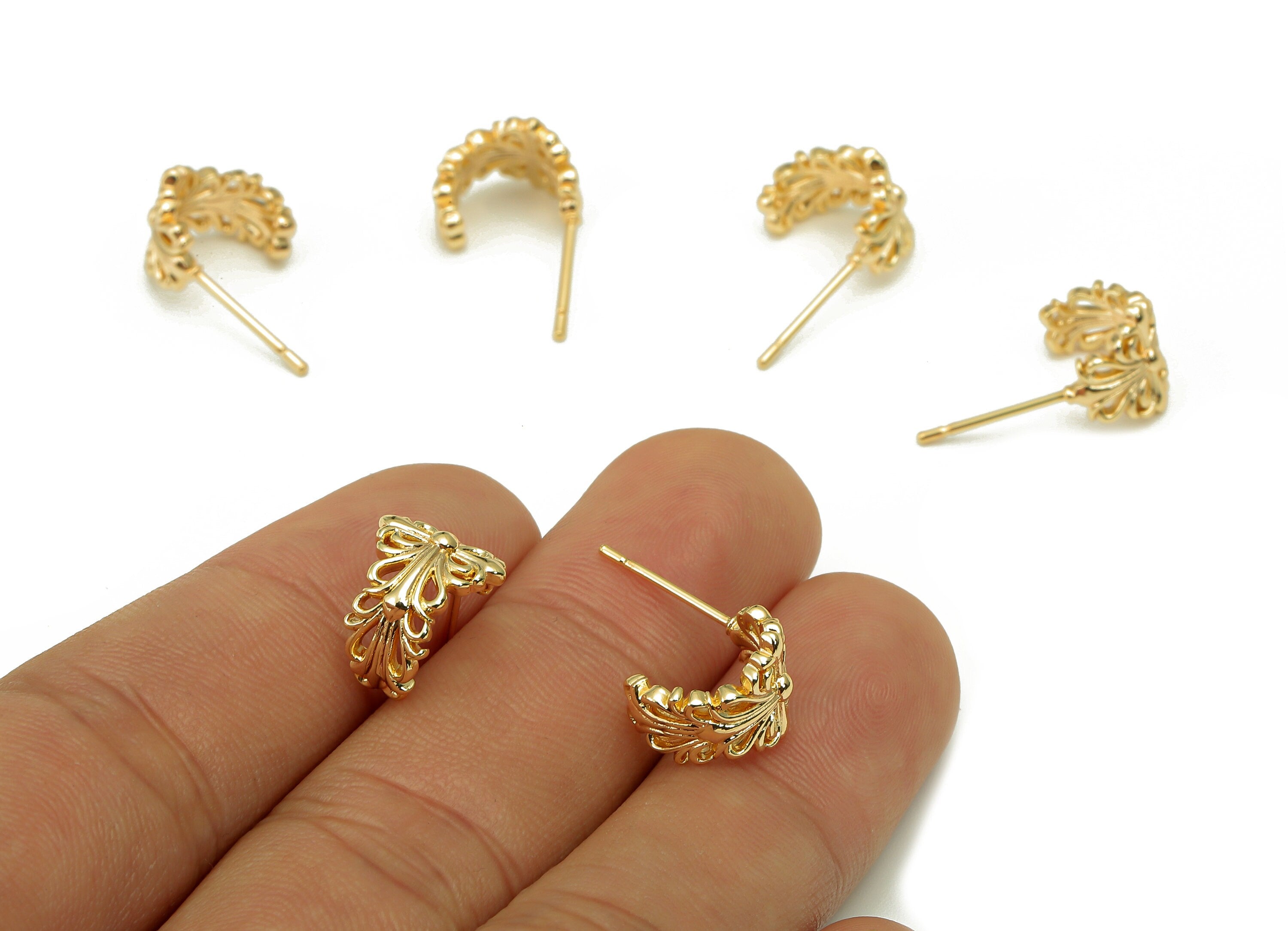 Brass Flower Huggie C Stud Earrings - Coronet Earring Post - 316 Stainless Steel Stud - 18K Real Gold Plating - 19.8x12.4x1.97mm - RGP5602 - DOMEDBAZAAR