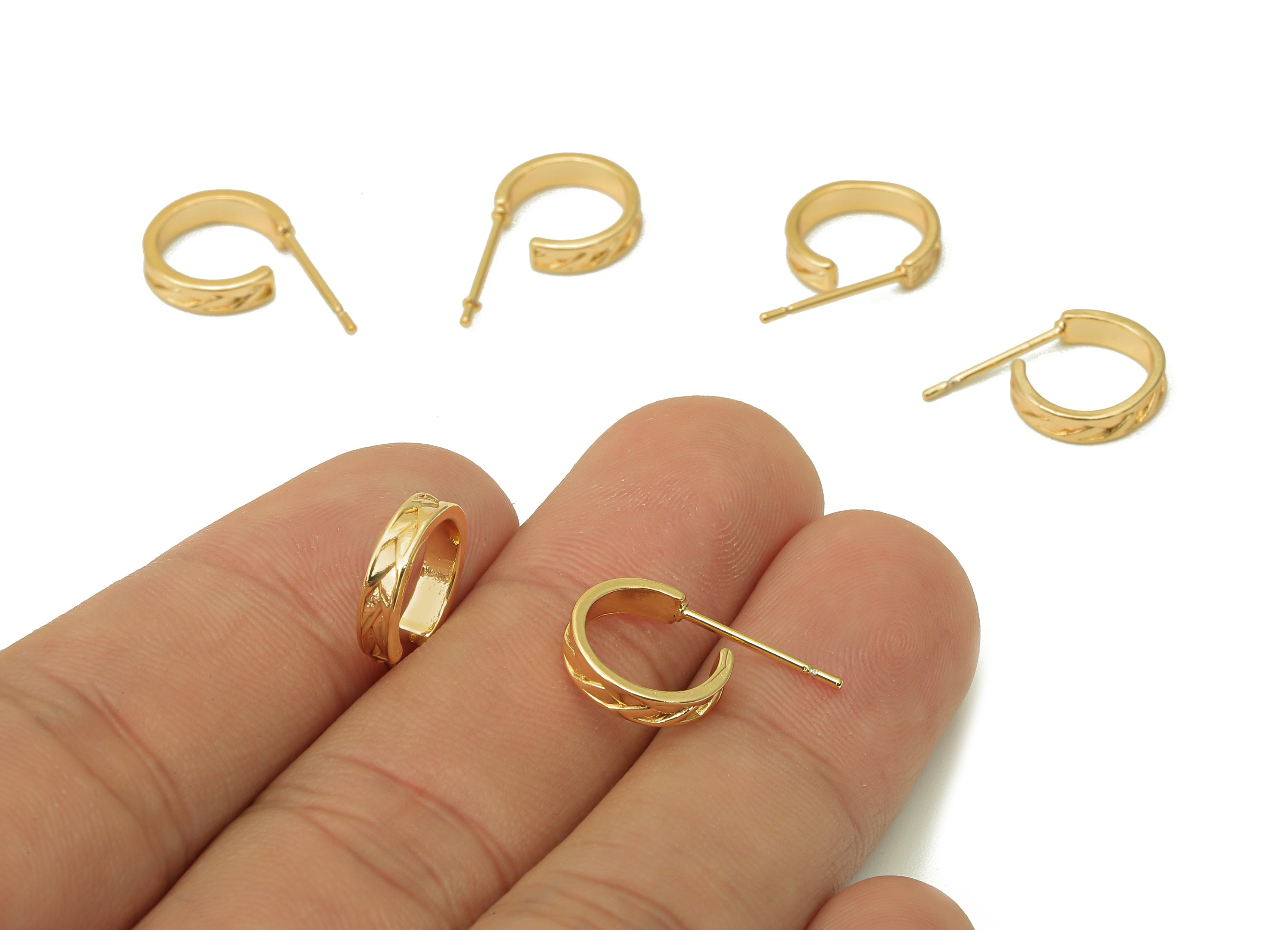 Brass Mini Huggie C Stud Earrings - Textured Earring Post - 316 Stainless Steel Stud - 18K Real Gold Plating - 18.3x11.5x1.3mm - RGP5603 - DOMEDBAZAAR