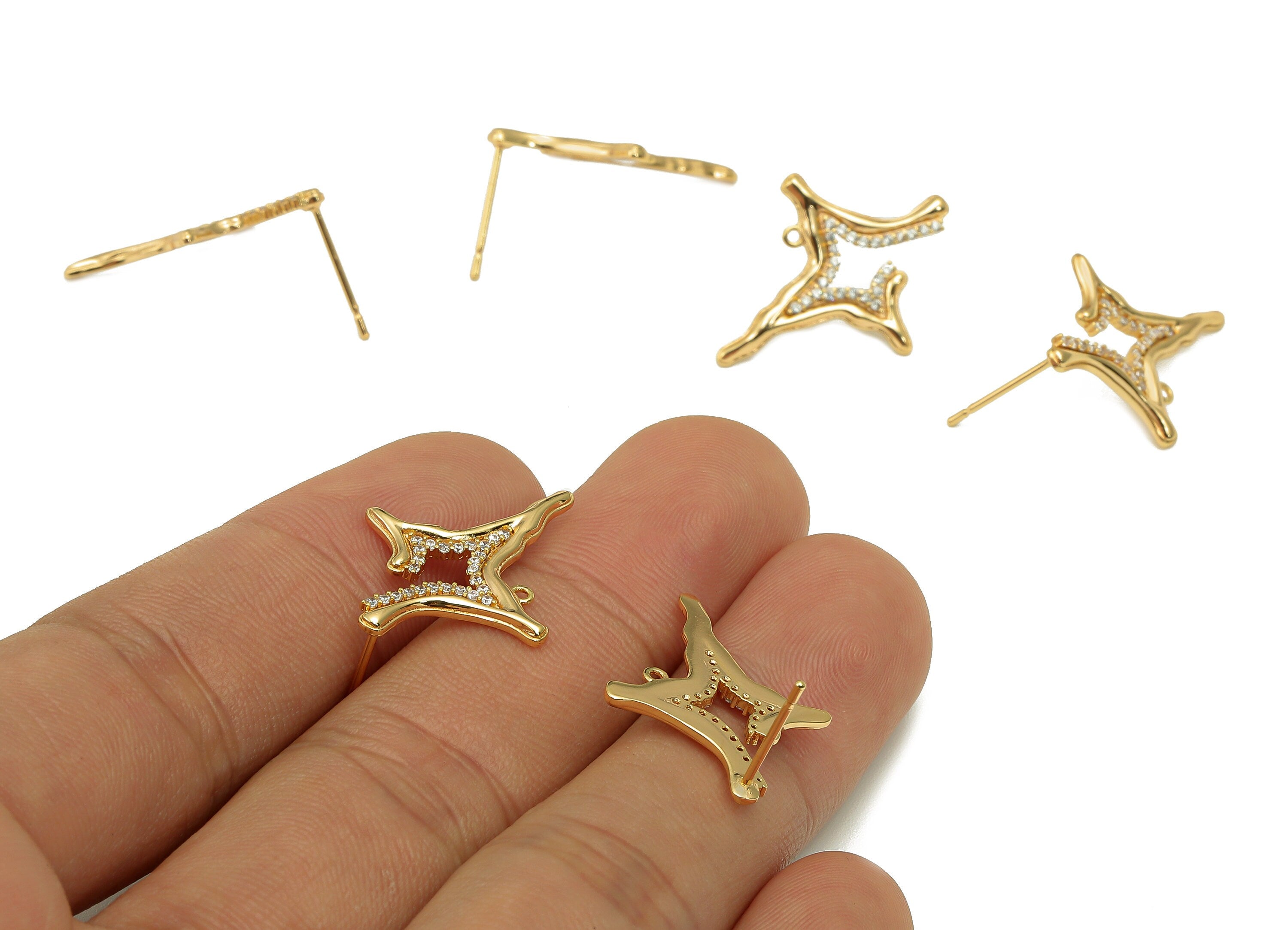 Brass Zircon Planet Earring Post - North Star Stud Earring With Loop - Stainless Steel Stud - 18K Real Gold Plating - 25x19x1.5mm - RGP5606 - DOMEDBAZAAR