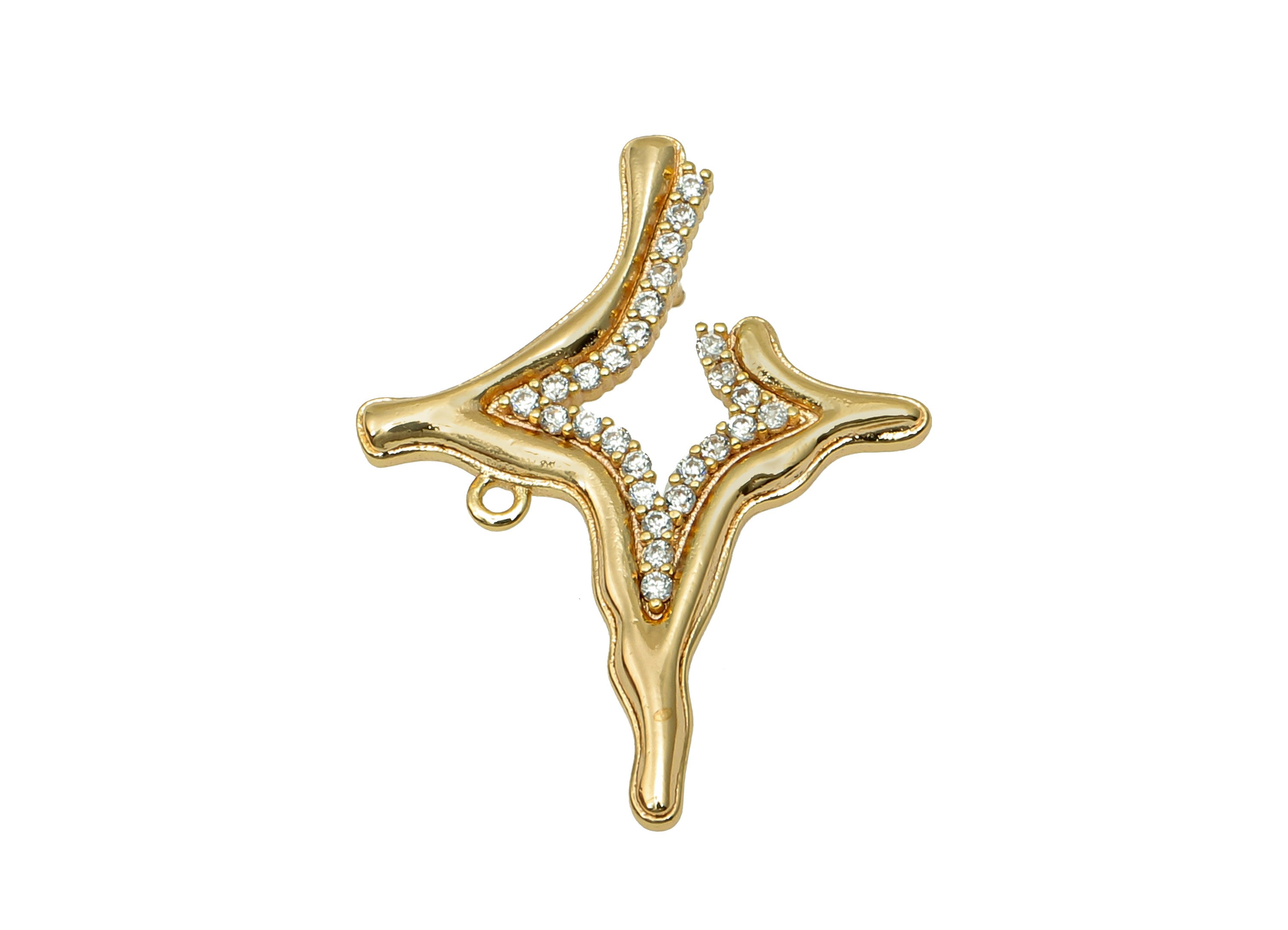 Brass Zircon Planet Earring Post - North Star Stud Earring With Loop - Stainless Steel Stud - 18K Real Gold Plating - 25x19x1.5mm - RGP5606 - DOMEDBAZAAR