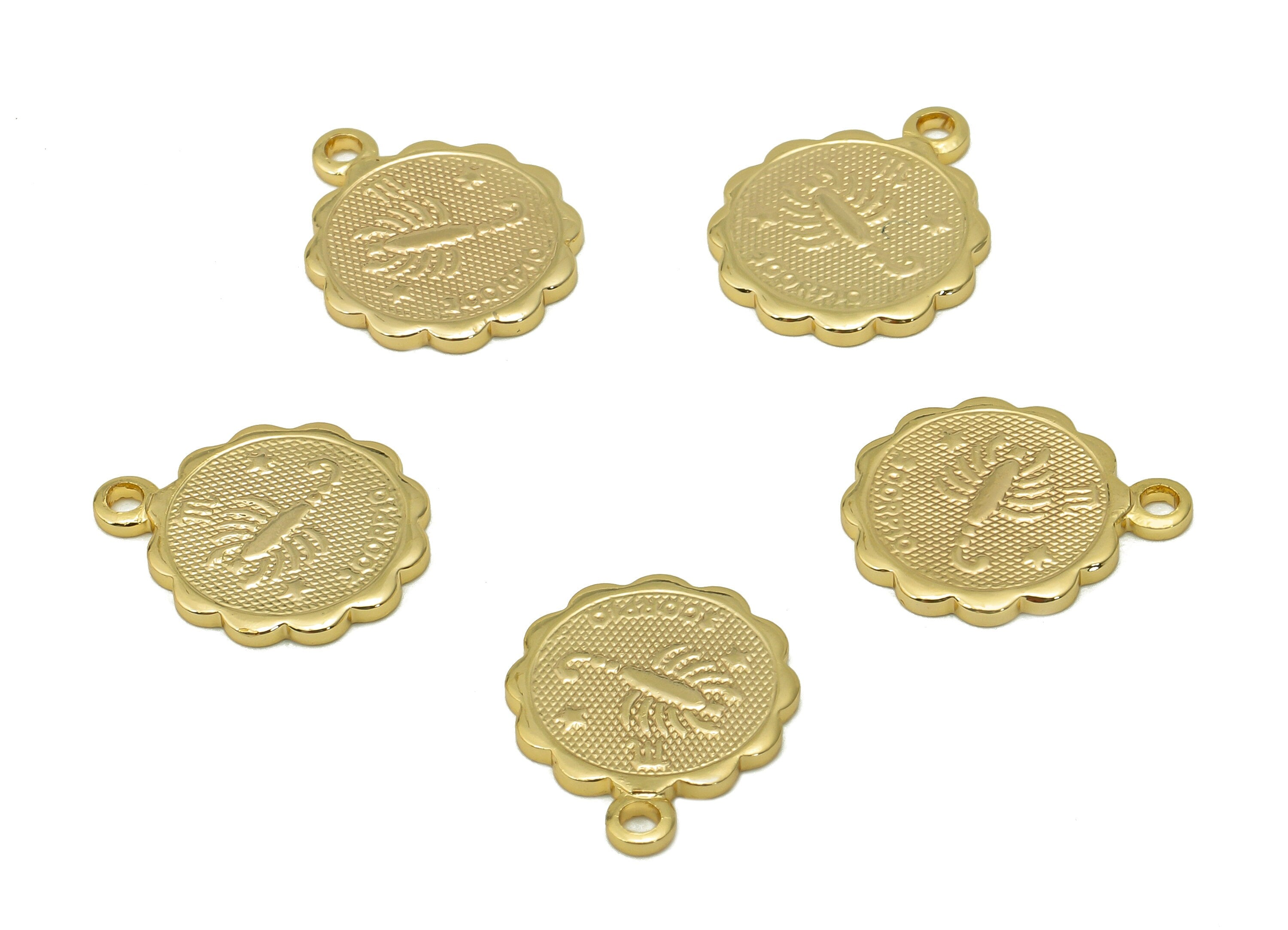 Brass Scorpio Round Earring Charm - Horoscopes Necklace With Loop - Zodiac Coin Pendant - 18K Real Gold Plating - 14.1x11.4x1mm - RGP5504H - DOMEDBAZAAR