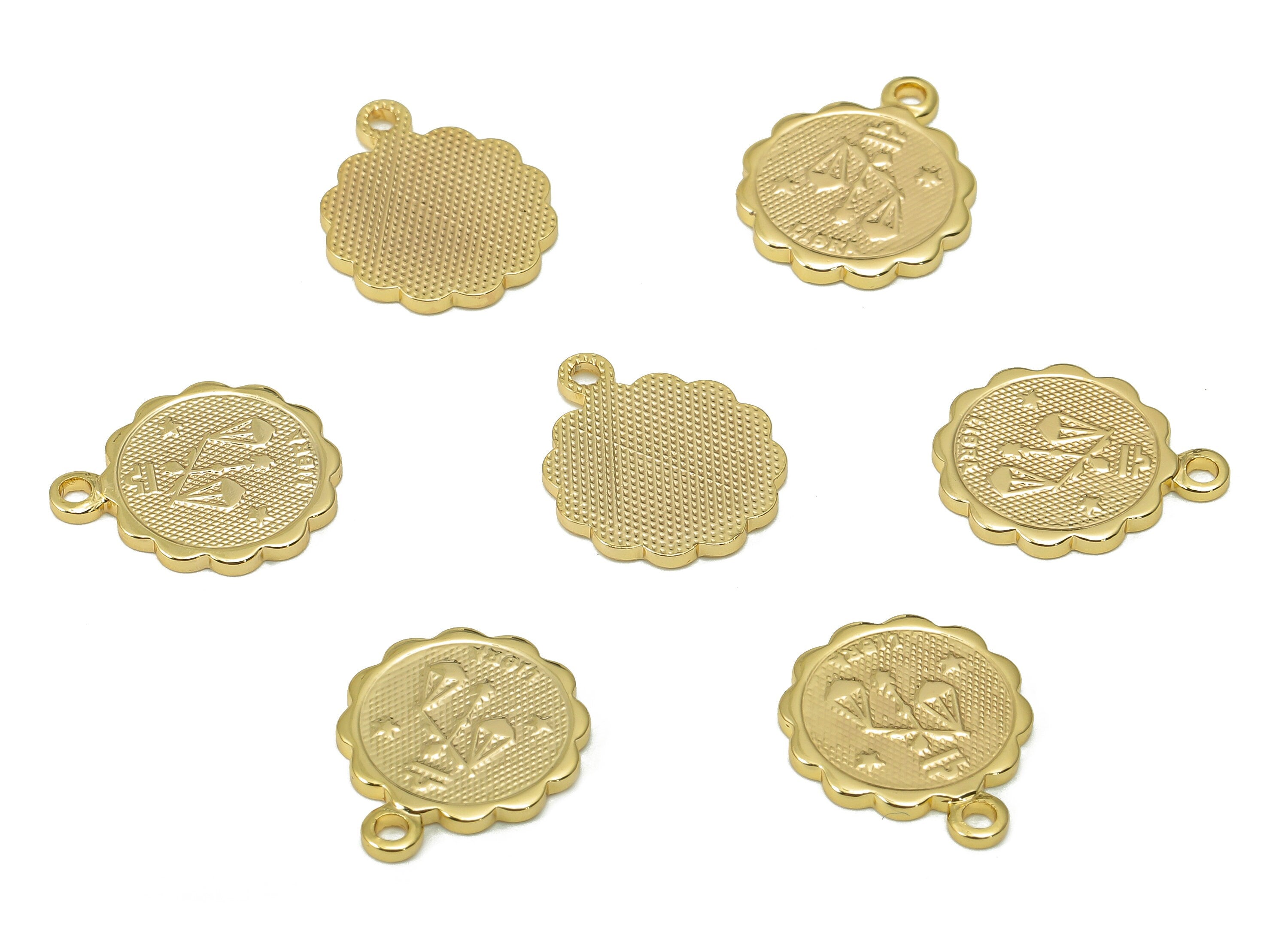 Brass Libra Round Earring Charm - Horoscopes Necklace With Loop - Zodiac Coin Pendant - 18K Real Gold Plating - 14.1x11.4x1mm - RGP5504K - DOMEDBAZAAR