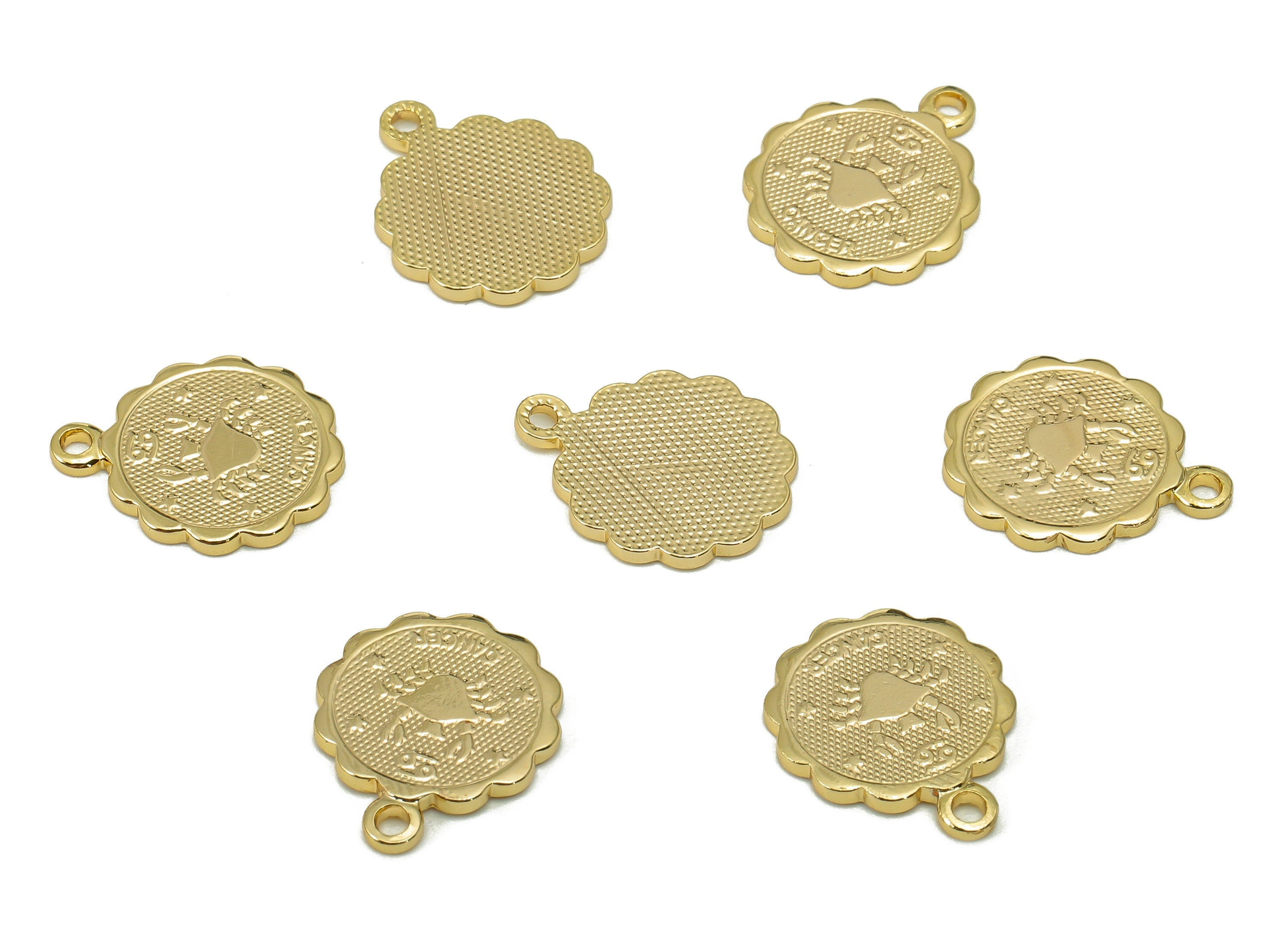 Brass Cancer Round Earring Charm - Horoscopes Necklace With Loop - Zodiac Coin Pendant - 18K Real Gold Plating - 14.1x11.4x1mm - RGP5504J - DOMEDBAZAAR