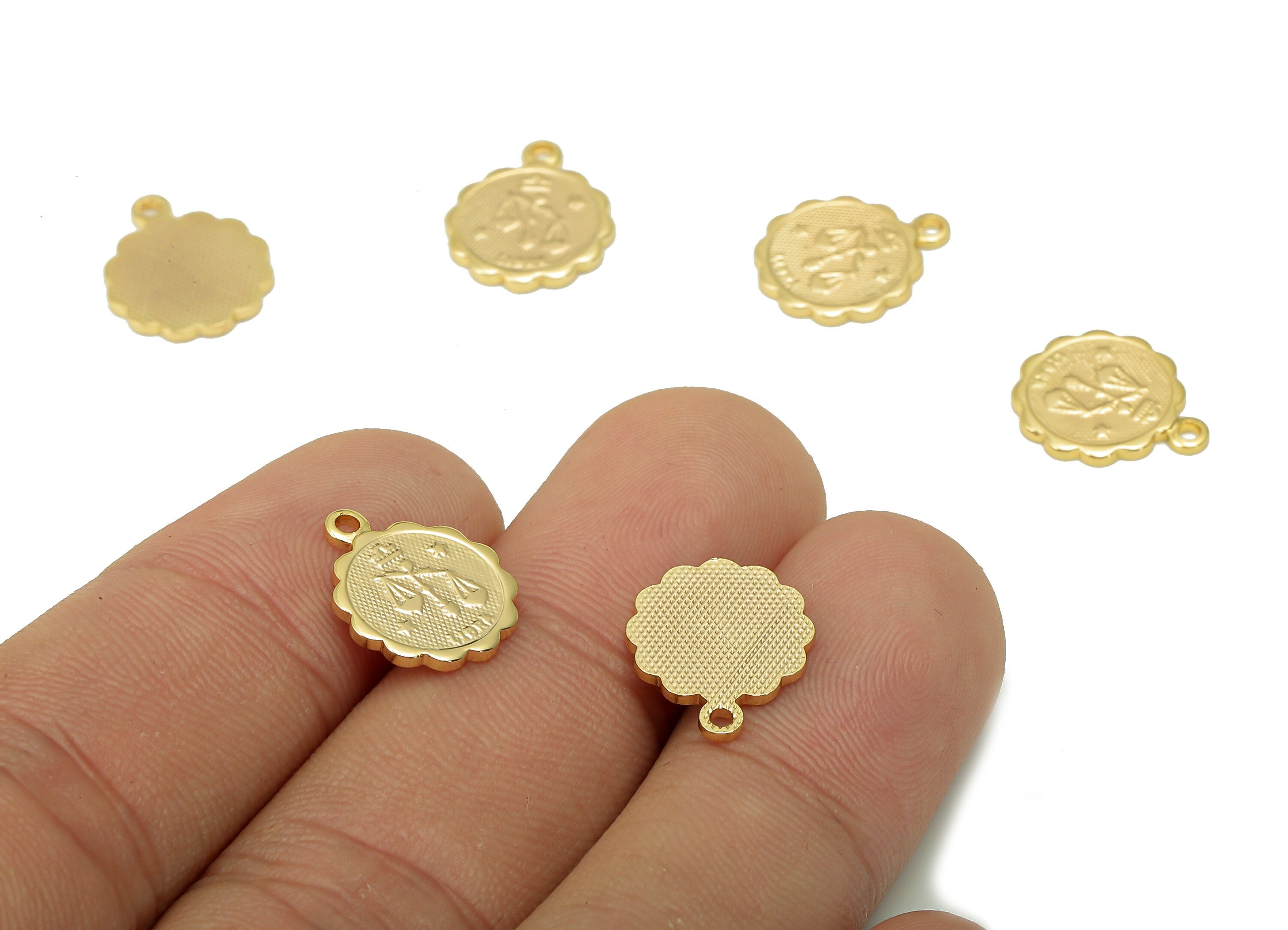 Brass Libra Round Earring Charm - Horoscopes Necklace With Loop - Zodiac Coin Pendant - 18K Real Gold Plating - 14.1x11.4x1mm - RGP5504K - DOMEDBAZAAR