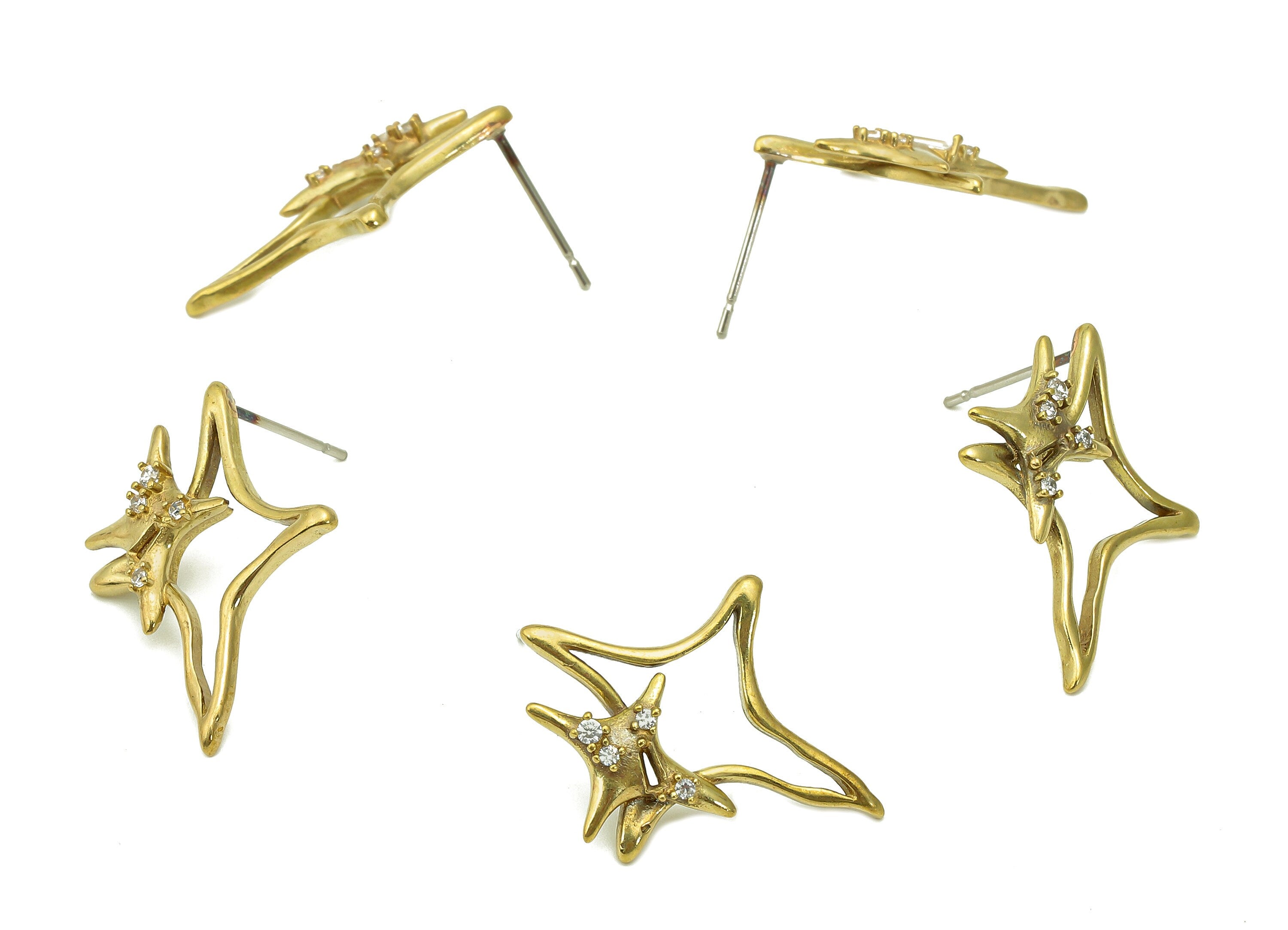 Brass Zircon Planet Earrings Stud - Raw Brass North Star Earring Post - Hollow Stud Earring - 316 Stainless Steel - 24.3x18.9x3.1mm - PP8121 - DOMEDBAZAAR