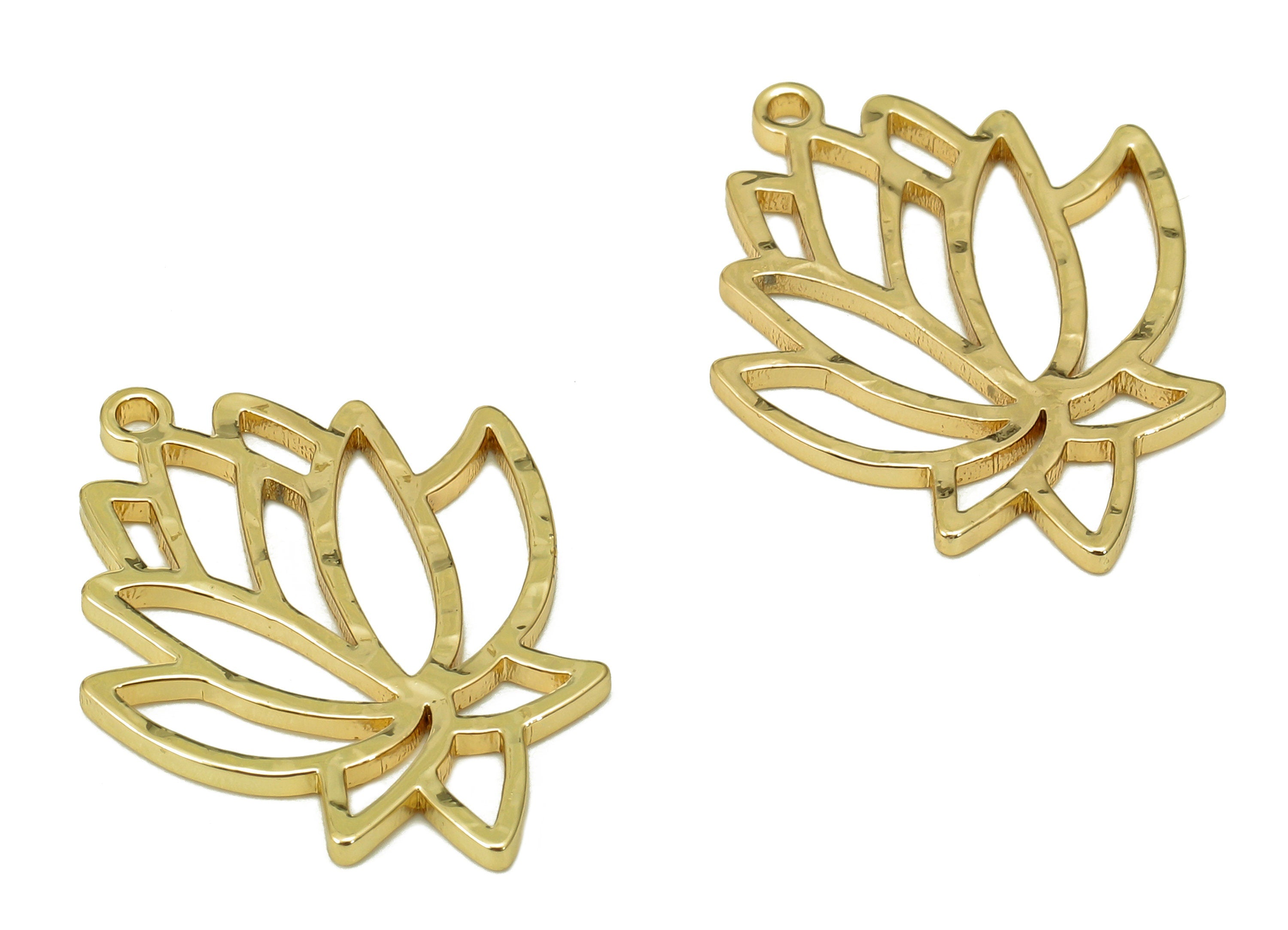 Brass Hammered Lotus Earring Charms - Flower Cutout Pendant With Loop - 18K Real Gold Plating - Charm For Necklace - 22.3x17.1x1mm - RGP5507 - DOMEDBAZAAR