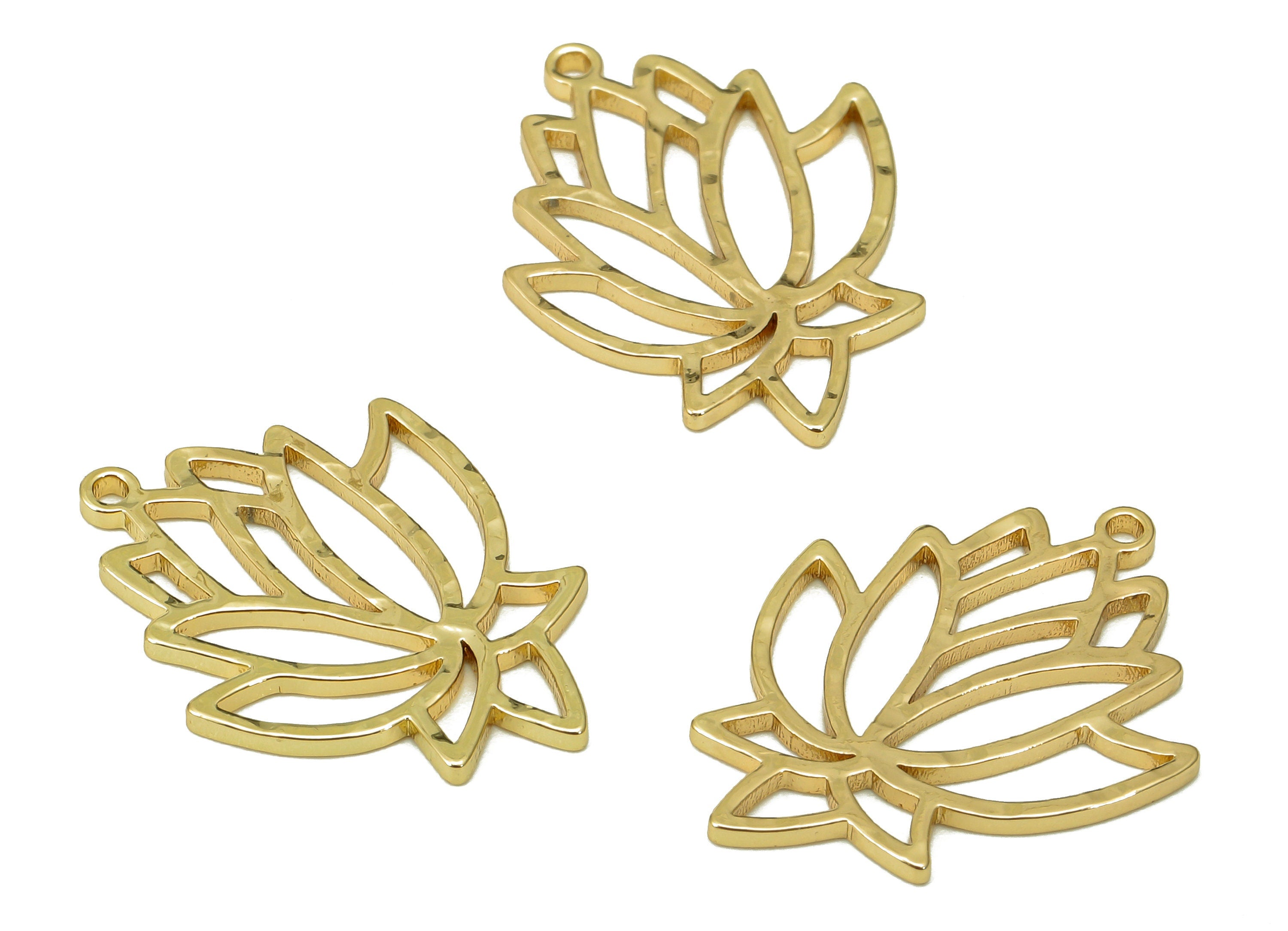 Brass Hammered Lotus Earring Charms - Flower Cutout Pendant With Loop - 18K Real Gold Plating - Charm For Necklace - 22.3x17.1x1mm - RGP5507 - DOMEDBAZAAR