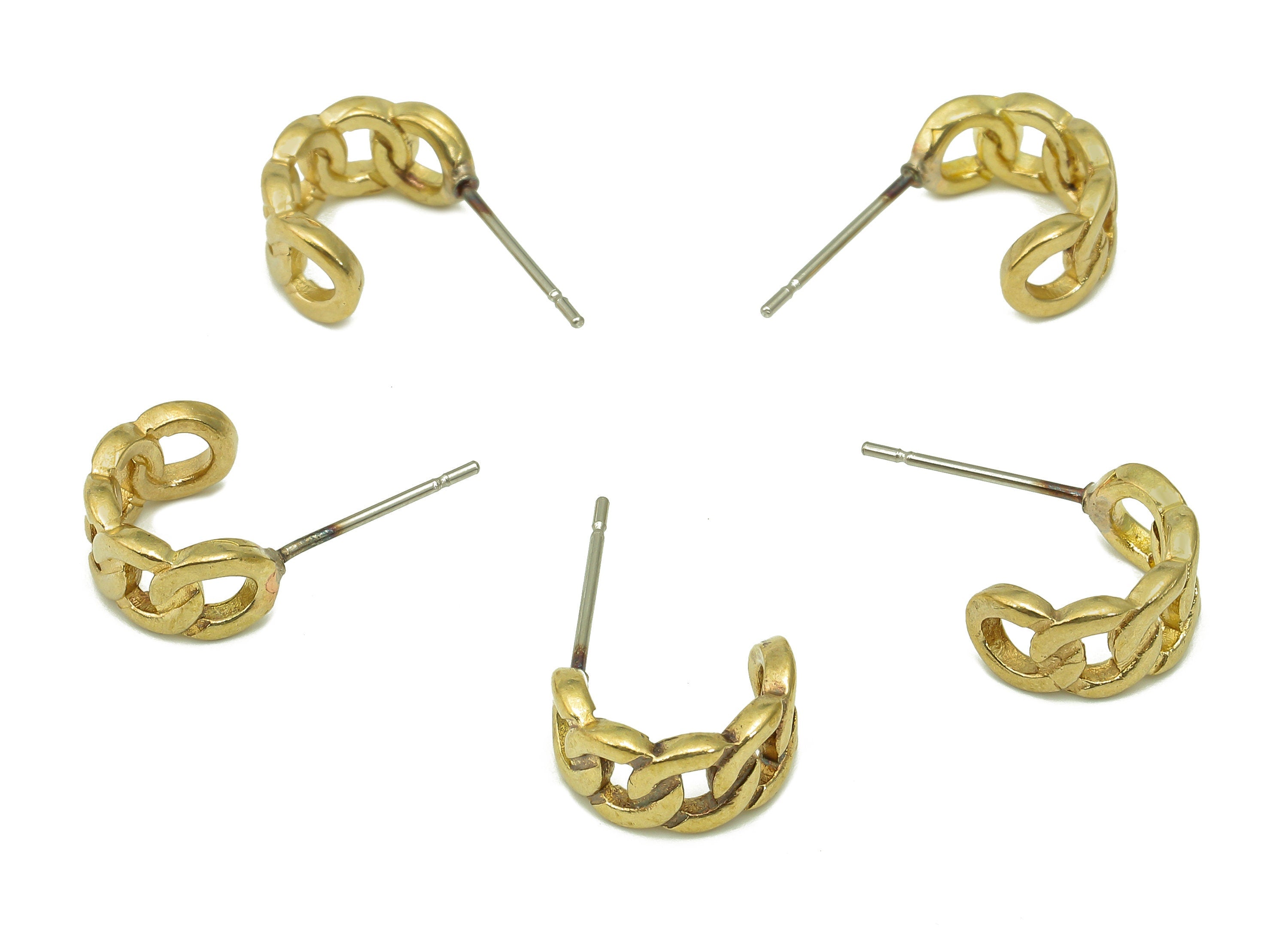 Brass Curb Chain Hoop Earrings Stud - Raw Brass Round C Earring Post - Hoop Hollow Stud Ear- 316 Stainless Steel - 11.4x8.5x1.6mm - PP8125 - DOMEDBAZAAR