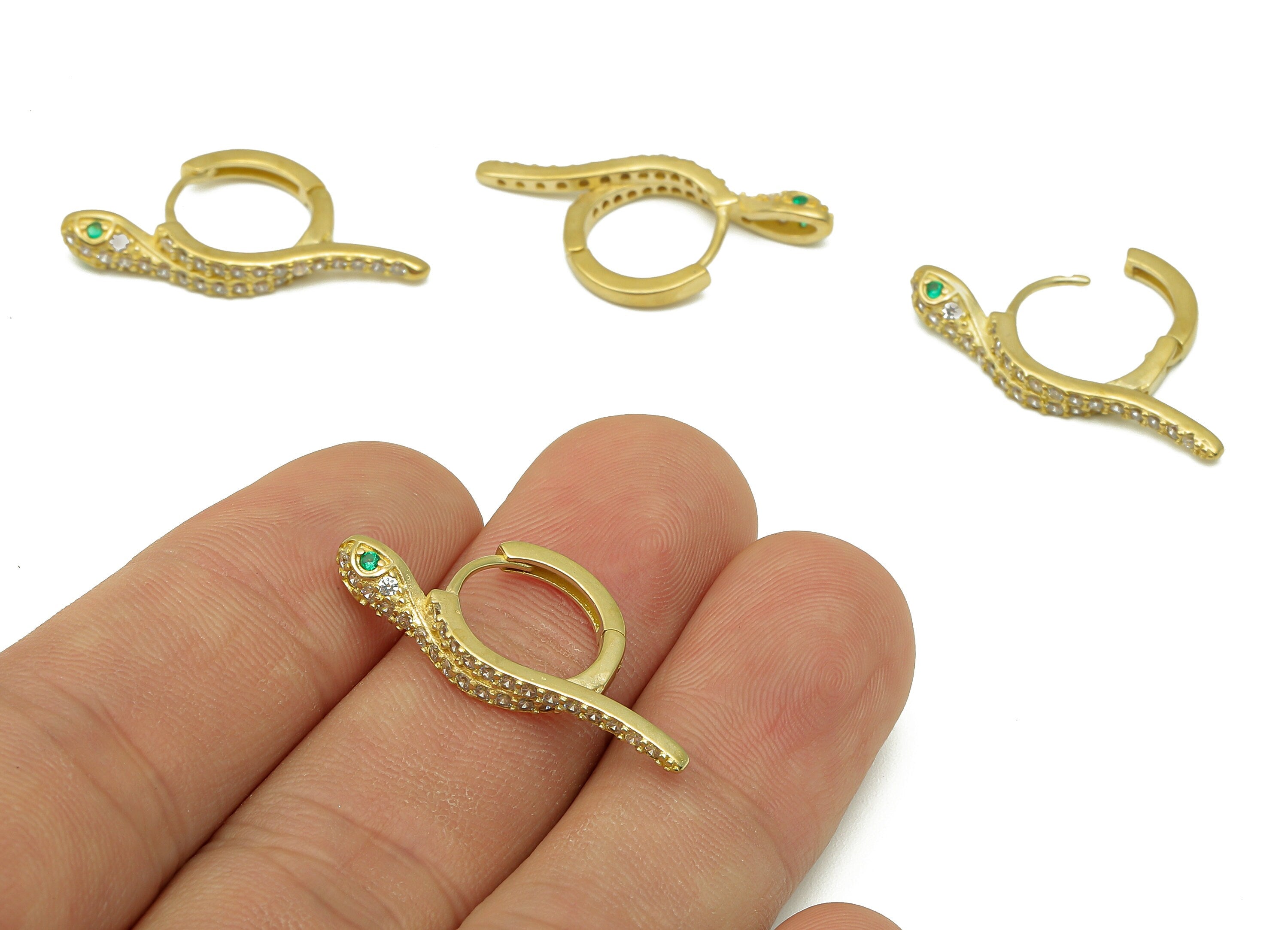 Brass Round Snake Earring Clasp - Raw Brass Hoop Clasp With Zircon - Circle Huggie Hoop Earrings - Snake Clasps - 28.5x14.5x3.3mm - PP8170 - DOMEDBAZAAR