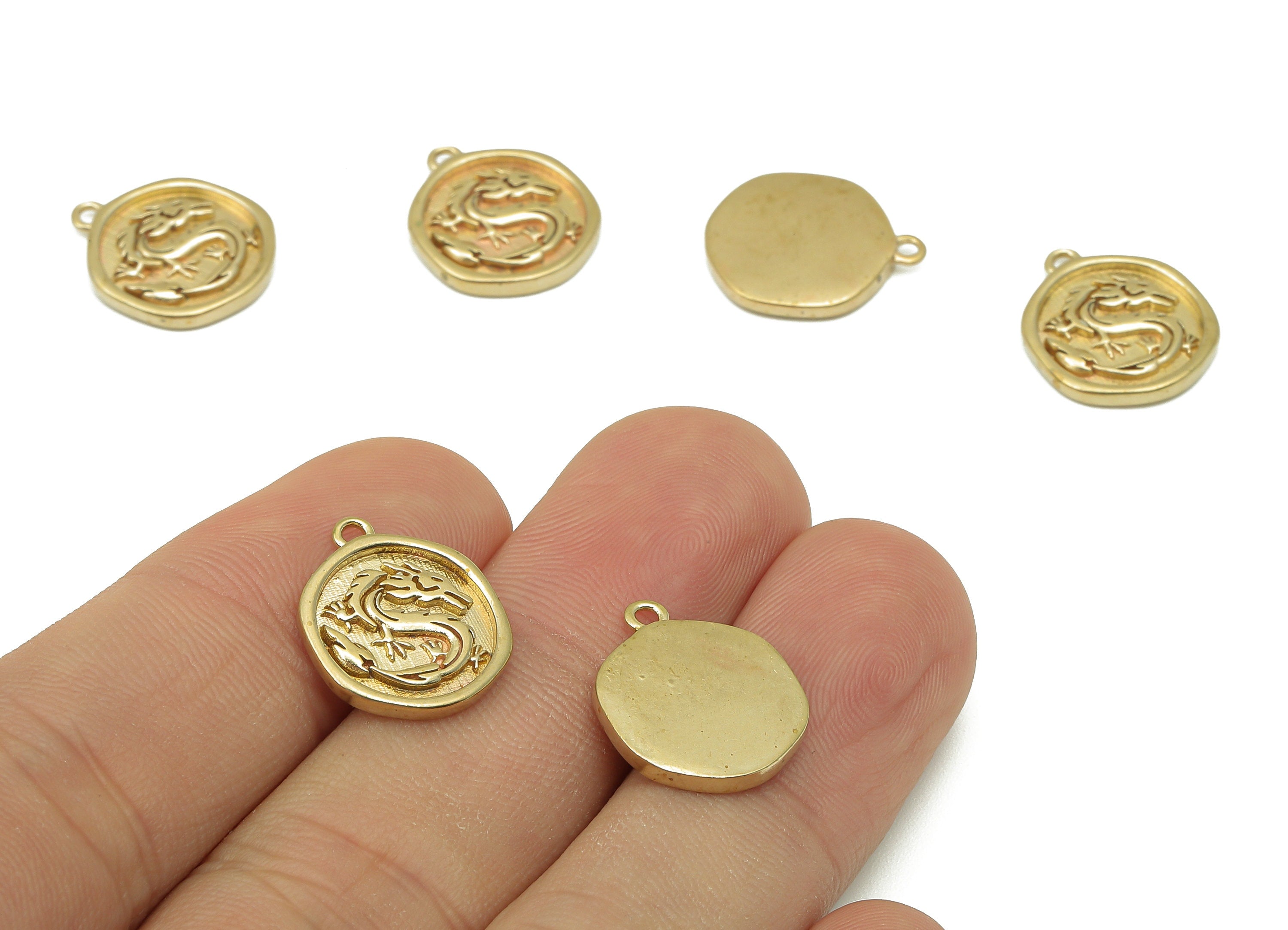 Brass Round Dragon Earring Charms - Raw Brass Circle Dragon Earrings - Pendant With Loop - Dragon Necklace Charm - 16.1x13.7x1.9mm - PP8177 - DOMEDBAZAAR