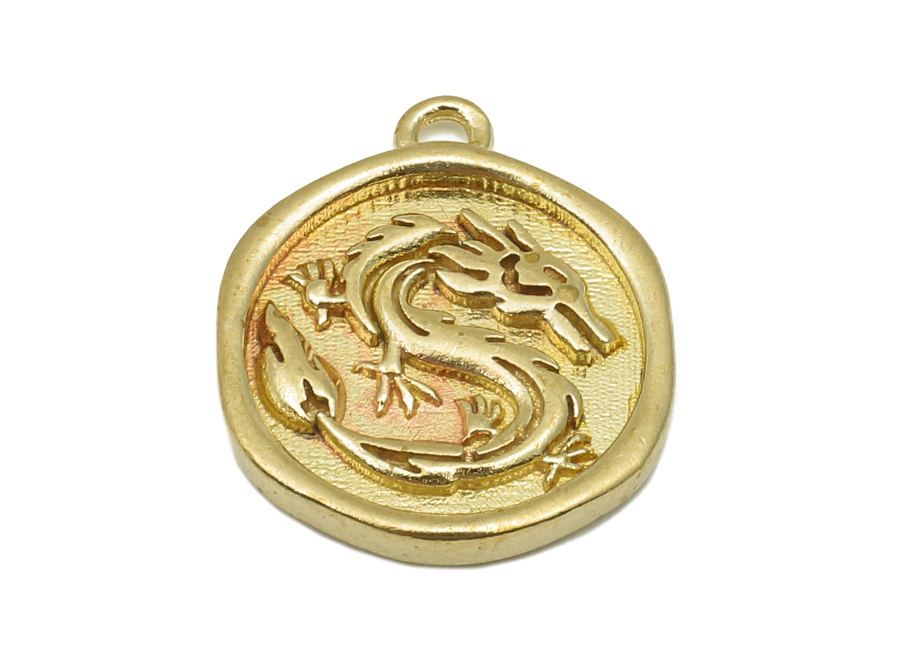 Brass Round Dragon Earring Charms - Raw Brass Circle Dragon Earrings - Pendant With Loop - Dragon Necklace Charm - 16.1x13.7x1.9mm - PP8177 - DOMEDBAZAAR