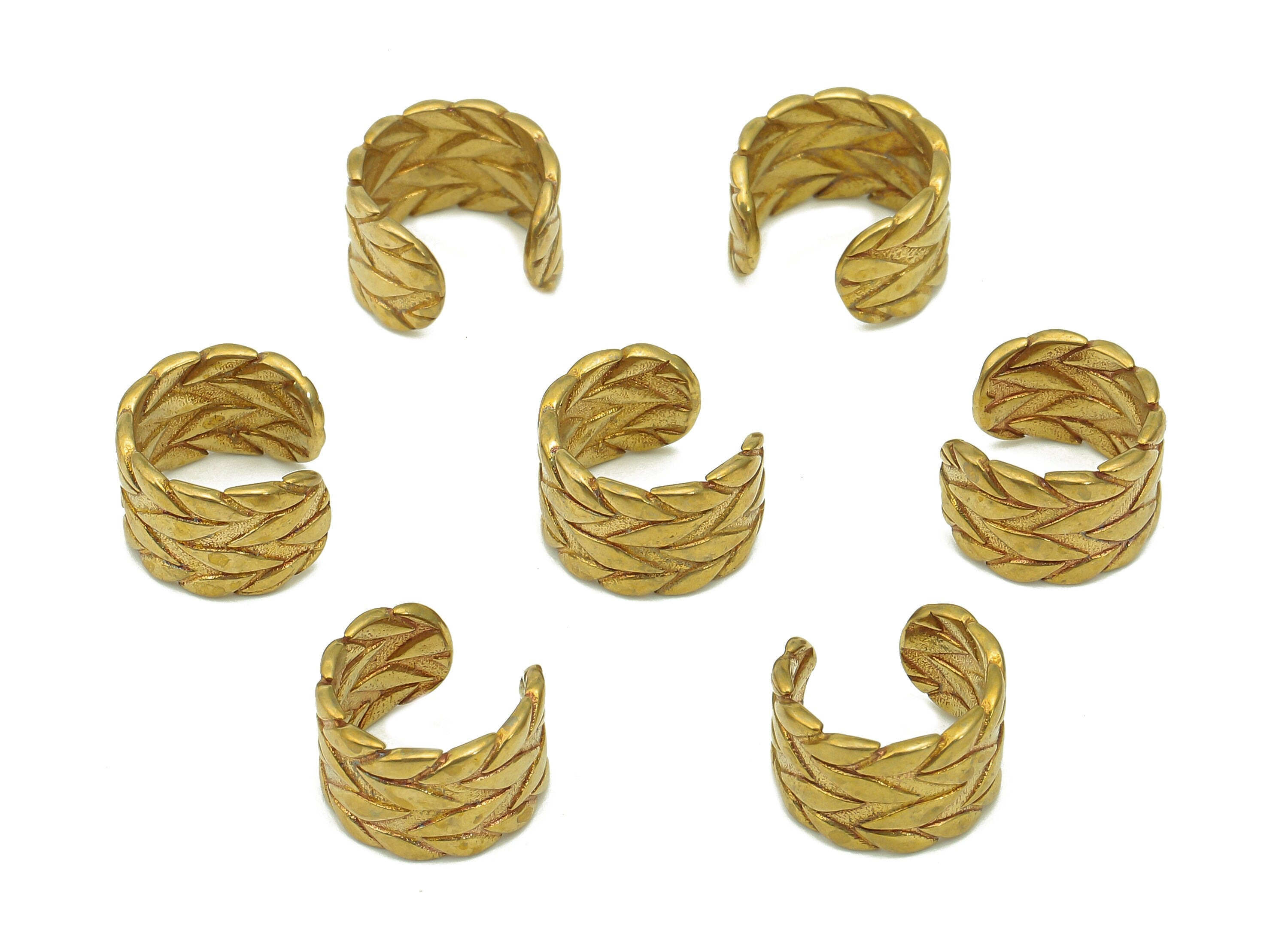 Brass Leaf Open Round C Ring - Raw Brass Huggie Hoop Earring Clip - Leaves Textured Cuff Ear - Wide Earring Cuff - 11.3x10.75x1.1mm - PP8134 - DOMEDBAZAAR