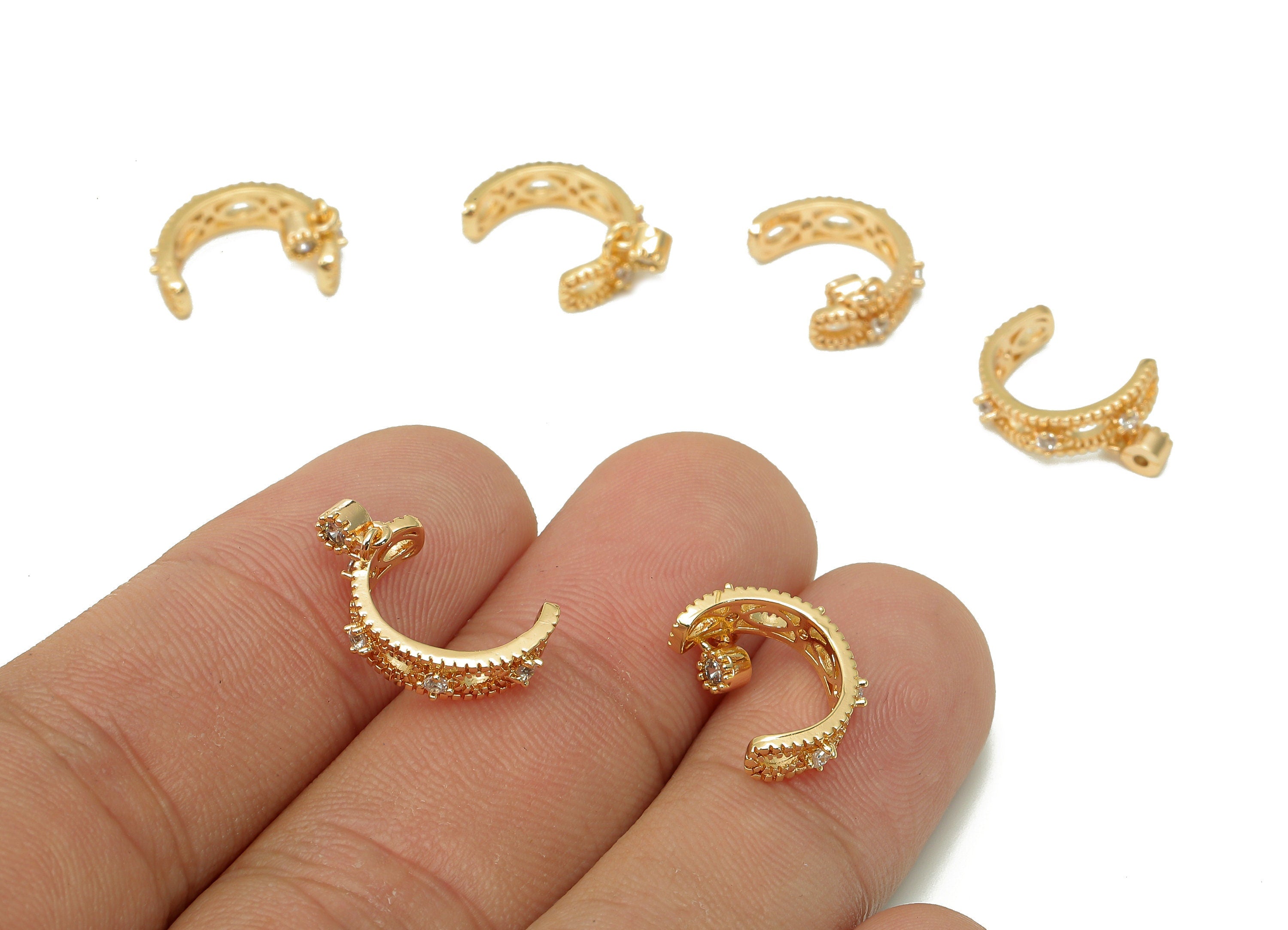 Brass Marquise Open Round Ring - C Earring Charm With Zircon - Hollow Hoop Ear Clip - 18K Real Gold Plating Charm - 14.9x7x2mm - RGP5543 - DOMEDBAZAAR