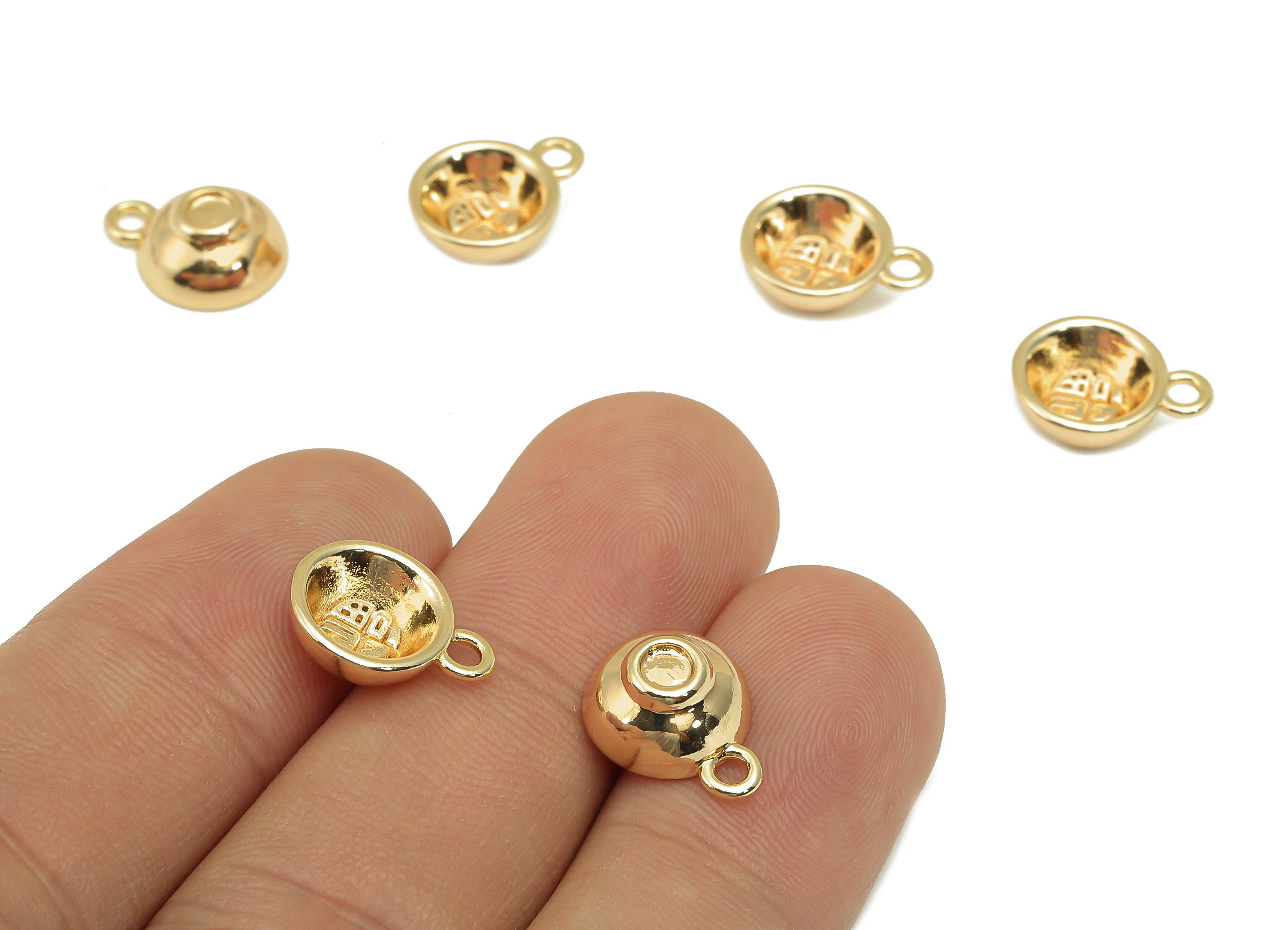 Brass Mini Bowl Earring Charm - Gold Mini Bowl Word Earring - Necklace Pendant With Loop - 18K Real Gold Plating - 13x10.1x1.6mm - RGP5773 - DOMEDBAZAAR