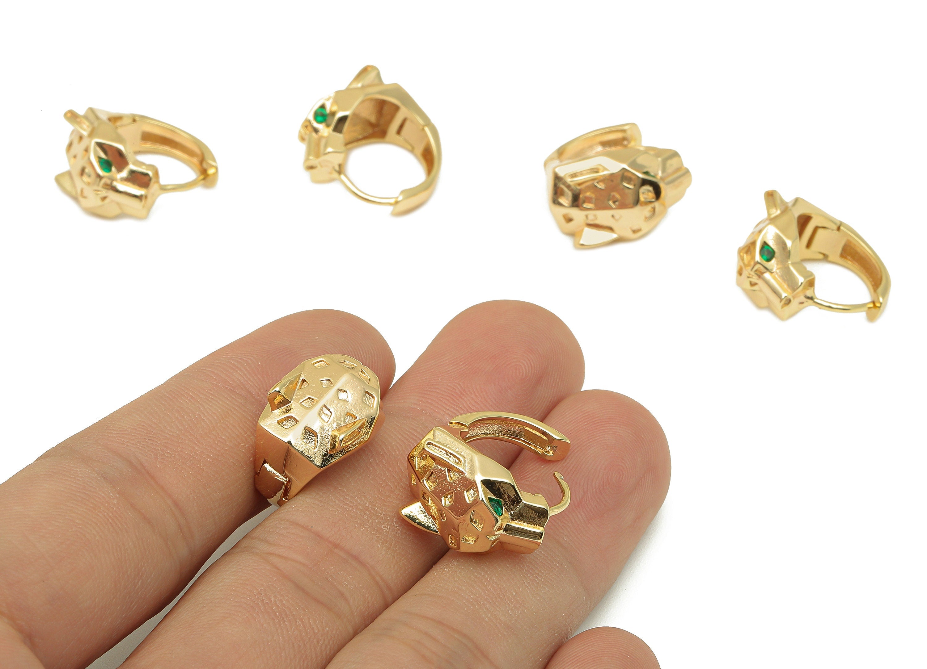 Brass Leopard Head Earring Clasp - Round Hoop Clasp With Zircon - Wide Huggie Hoop Earrings - 18K Real Gold Plating -18.3x16.9x1.9mm-RGP5787 - DOMEDBAZAAR