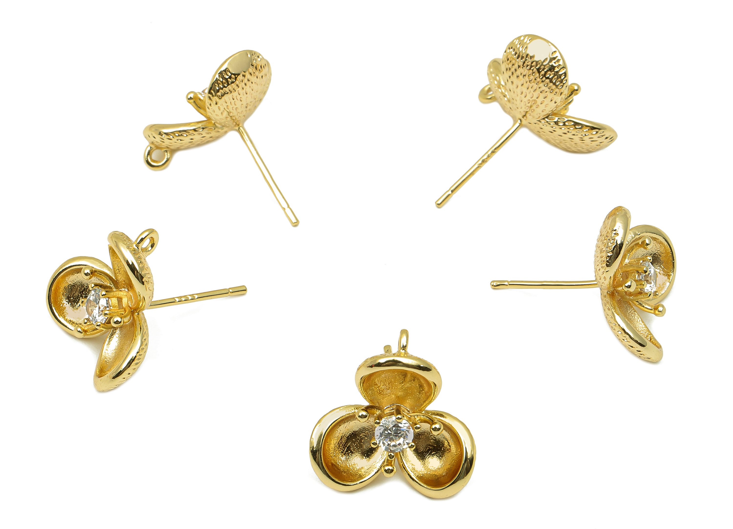 Brass Flower Earring Post With Zircon - Gold Stud Earring With Loop - 18K Real Gold Plating - 925 Silver Stud - 15.4x14.5x2.1mm - RGP5788 - DOMEDBAZAAR