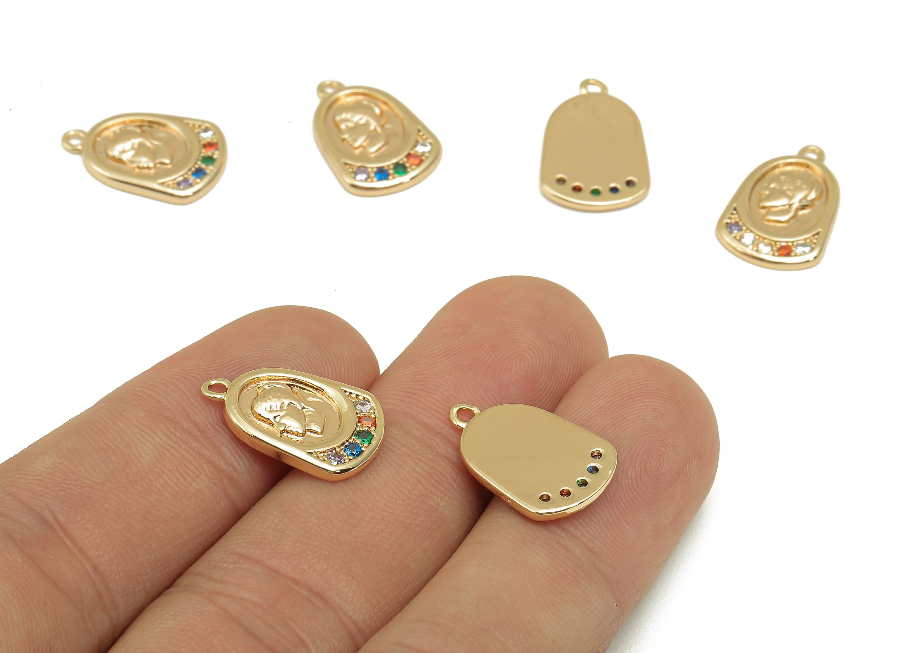 Brass Relief Portrait Oval Earring - Rainbow Zircon Girl Textured Charm - Pendant With Loop - 18K Real Gold Plating - 17.2x11x1.9mm -RGP5789 - DOMEDBAZAAR