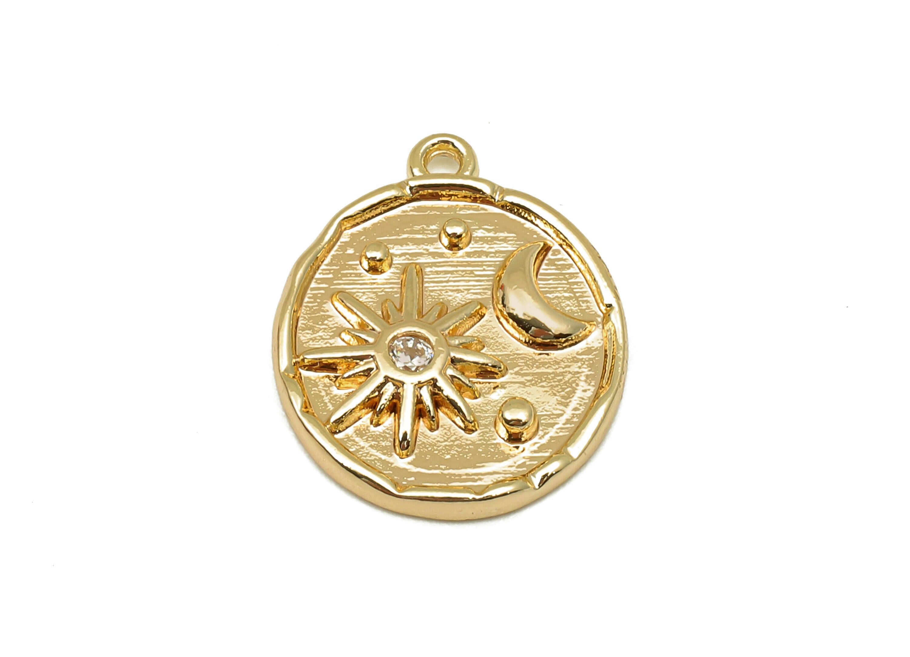 Brass Round Crescent Charm - Zircon Circle Star Earrings - Necklace Pendant With Loop - 18K Real Gold Plating - 17.4x14.2x2.3mm - RGP5790 - DOMEDBAZAAR