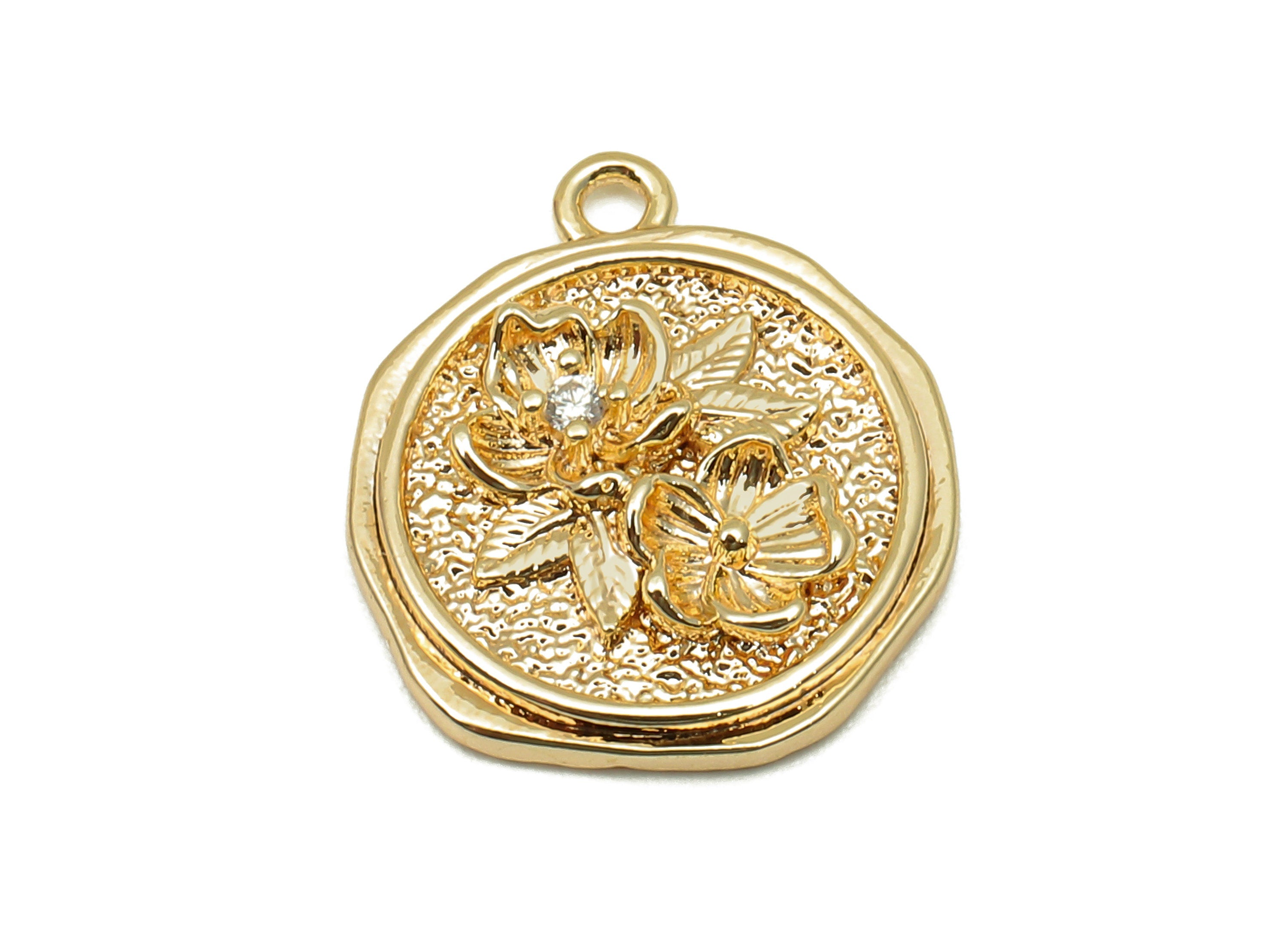 Brass Textured Round Flower Charm - Zircon Circle Flower Earrings - Pendant With Loop - 18K Real Gold Plating - 17.4x14.9x3mm - RGP5797 - DOMEDBAZAAR