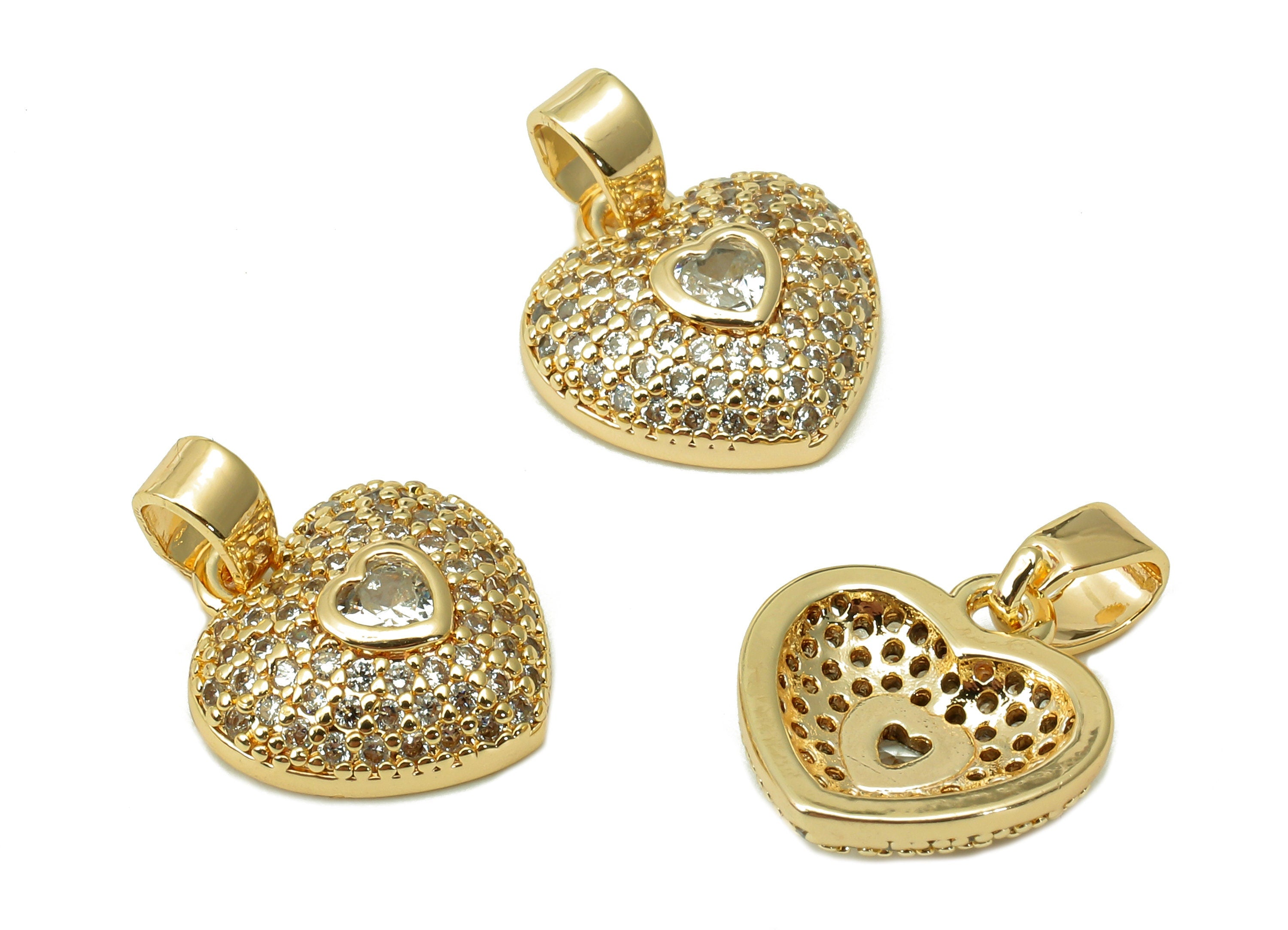 Brass Zircon Heart Pendant - Zircon Dot Heart Earring Charm - Spot Earring With Loop - 18K Real Gold Plating Charm - 15.6x11.5x2mm - RGP5510 - DOMEDBAZAAR