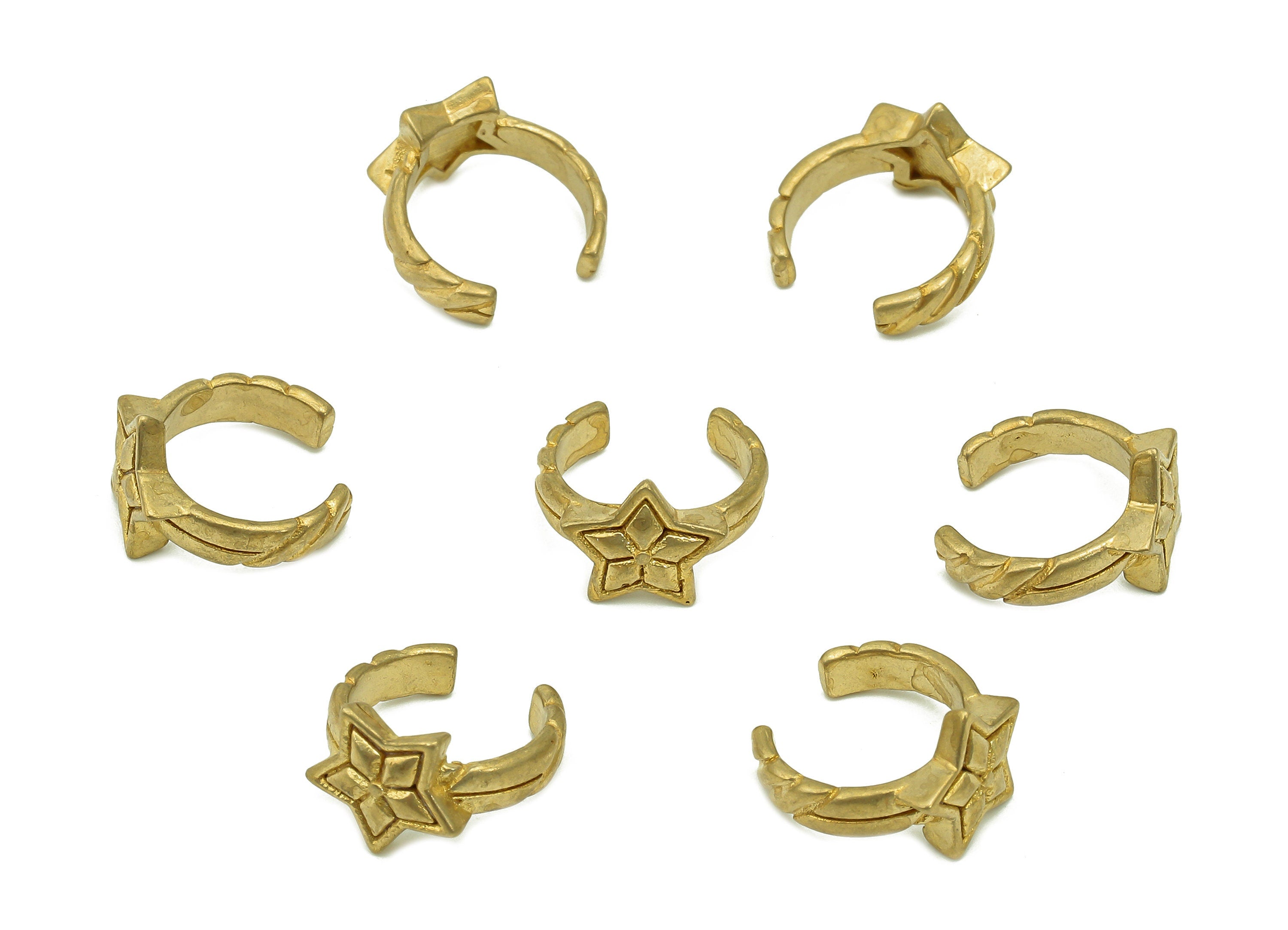 Brass Star Open Round C Ring - Raw Brass Huggie Hoop Earring Clip - Textured Cuff Earring - Semicircle Ear Cuff - 12x12.1x2.5mm - PP8139 - DOMEDBAZAAR