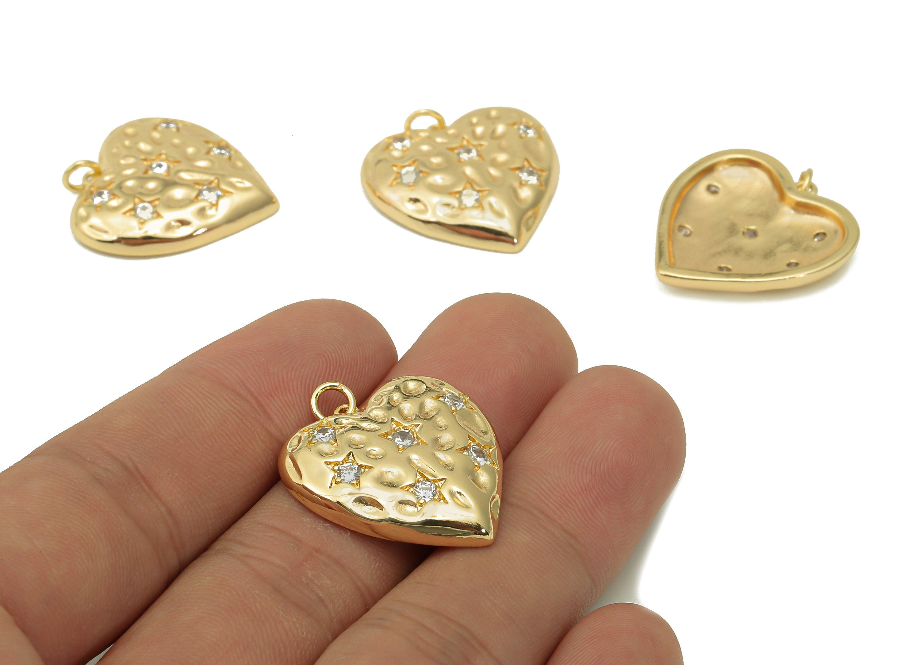 Brass Heart Star Zircon Pendant - Zircon Heart Earring Charm - Earring With Loop - 18K Real Gold Plating Charm - 25.9x24.2x2.6mm - RGP5514 - DOMEDBAZAAR