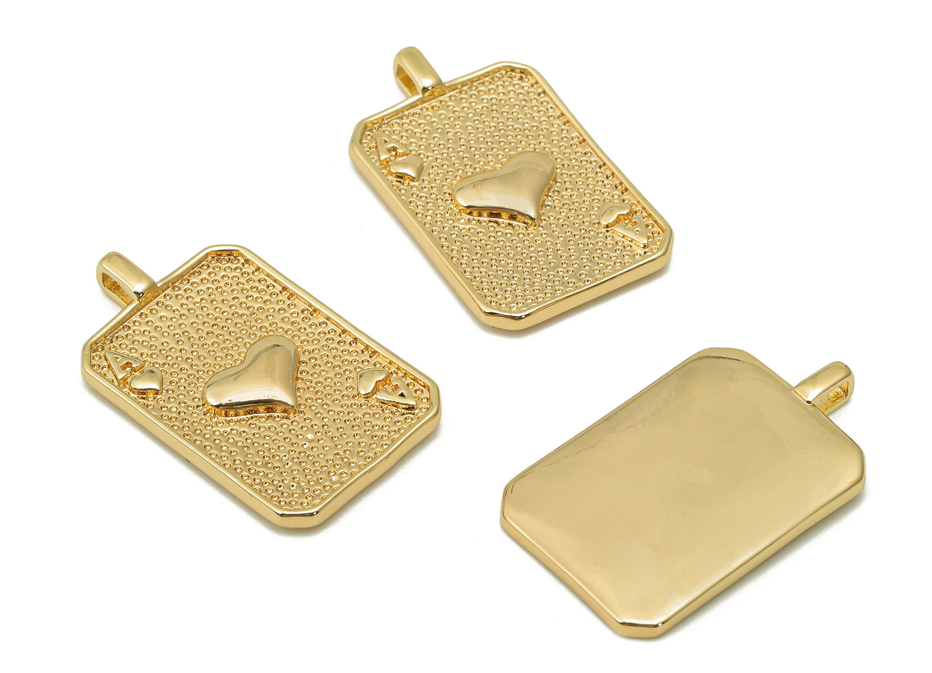 Brass Poker Cards Rectangle Pendant - Ace Of Hearts Earring - Earring Charm With Loop - 18K Real Gold Plating - 26.5x15.9x2.3mm - RGP5515 - DOMEDBAZAAR
