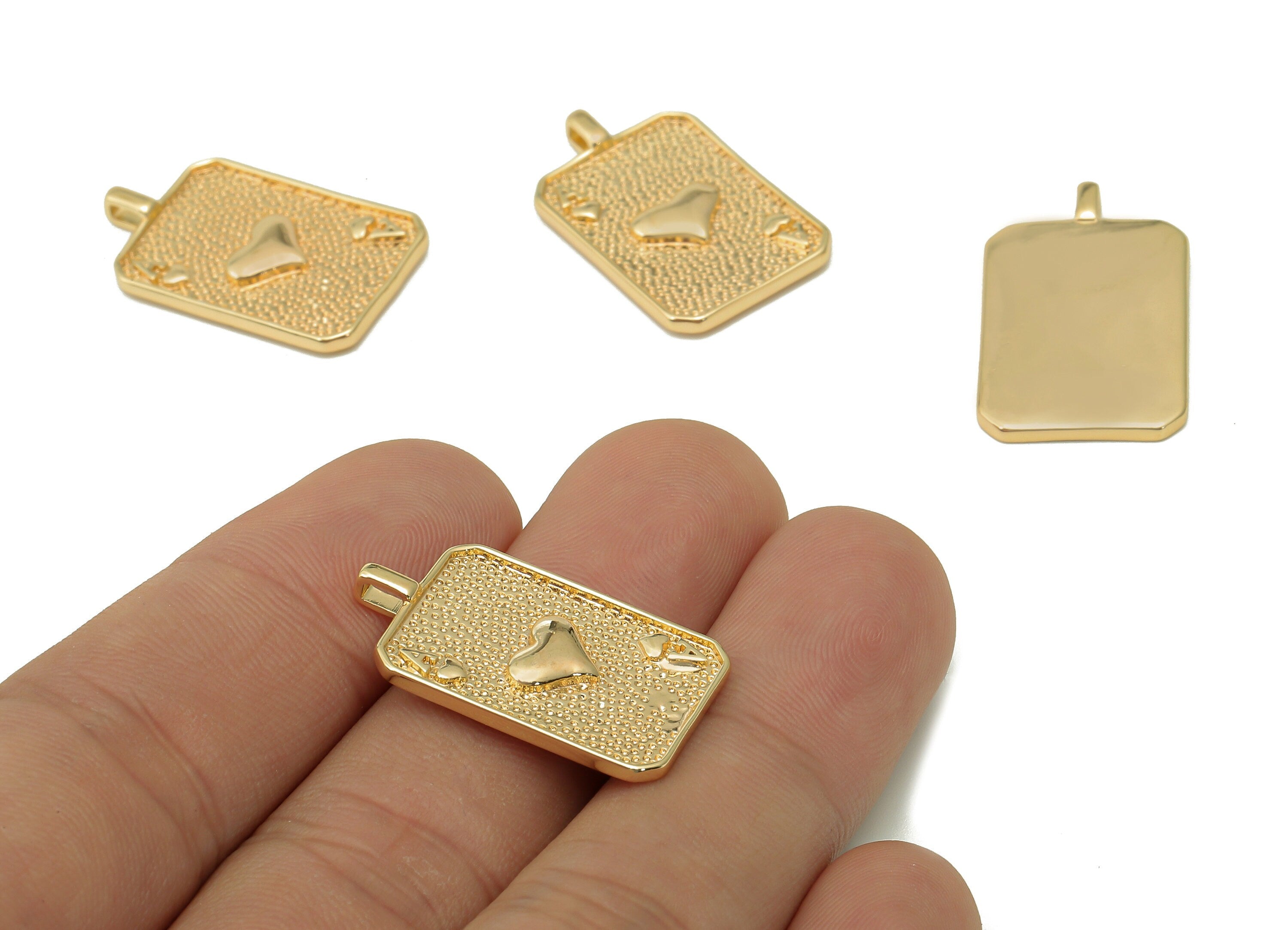 Brass Poker Cards Rectangle Pendant - Ace Of Hearts Earring - Earring Charm With Loop - 18K Real Gold Plating - 26.5x15.9x2.3mm - RGP5515 - DOMEDBAZAAR