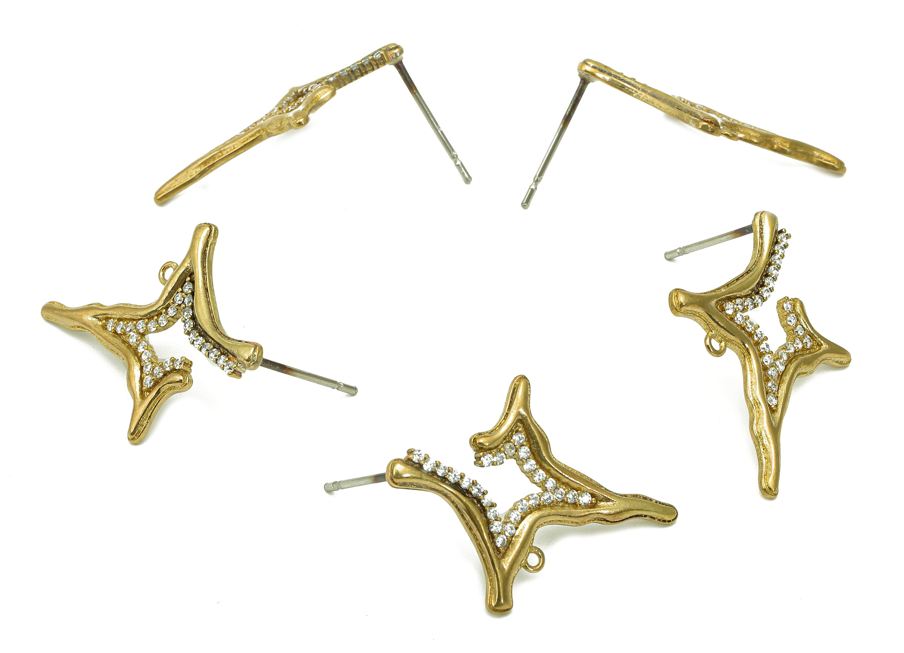 Brass Zircon Planet Earrings Stud - Raw Brass Earring Post With Loop - North Star Stud Ear - 316 Stainless Steel - 24.4x18.4x1.4mm - PP8144 - DOMEDBAZAAR