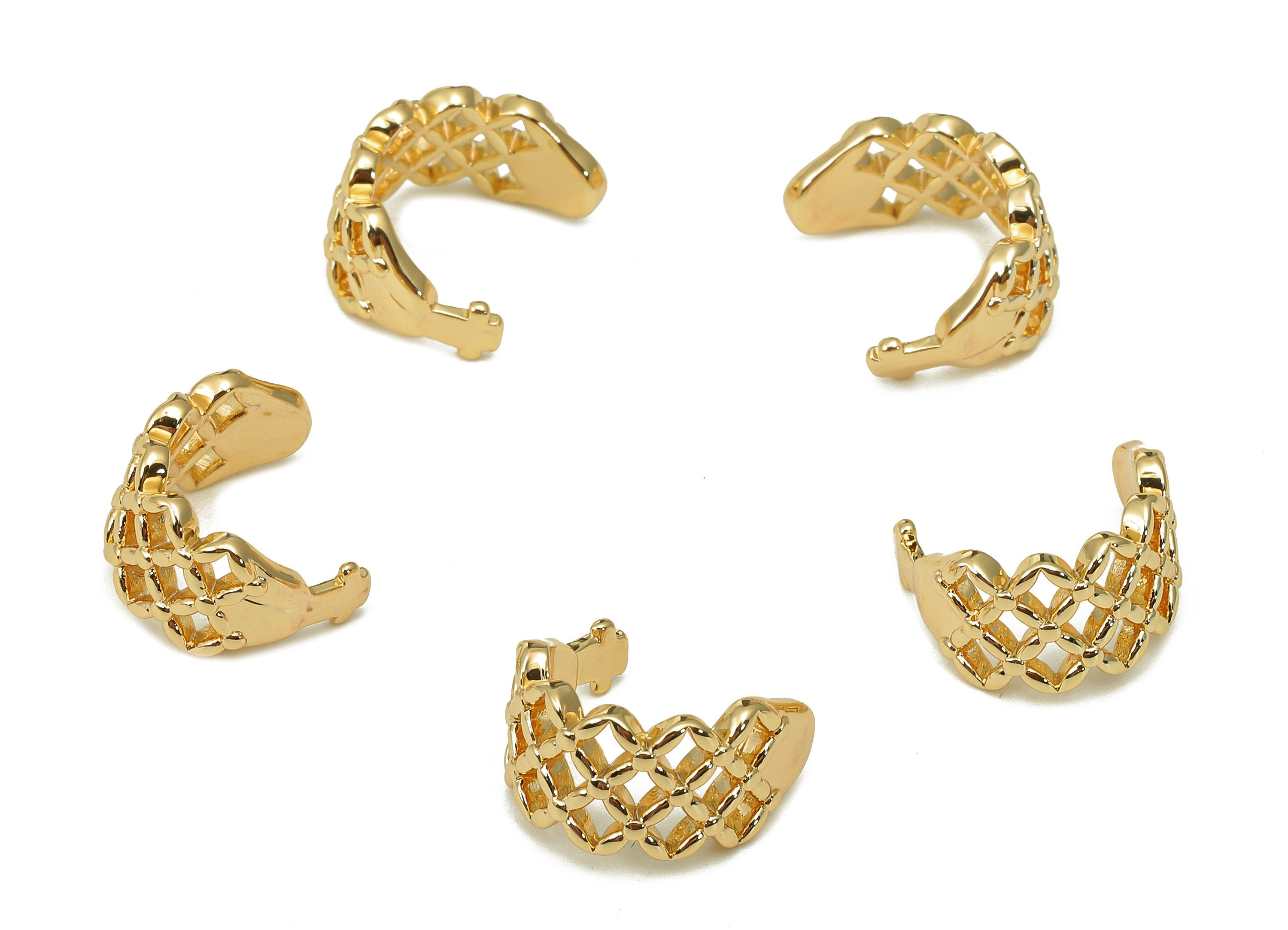 Brass Mesh Open Round C Ring - Mesh Hollow Hoop Ear Clip - Wide Hoop Earring Cuff - 18K Real Gold Plating Cuff Ear - 14.6x7.7x1.6mm -RGP5536 - DOMEDBAZAAR