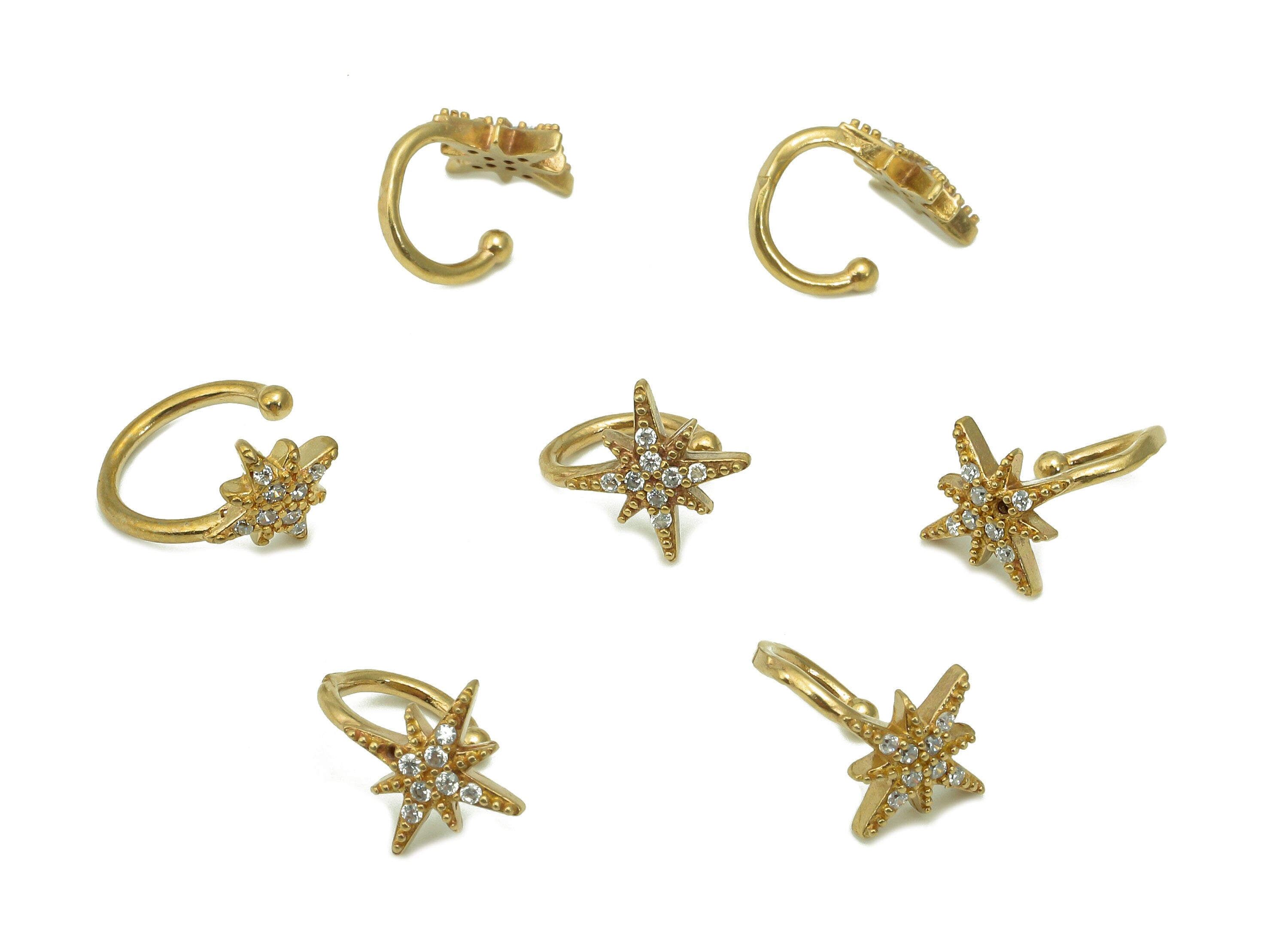 Brass Star Open Round C Ring - Raw Brass Cartilage Earring With Zircon - Planet Huggie Hoop Earring - Gift For Her - 11.1x7.9x1.9mm - PP8149 - DOMEDBAZAAR