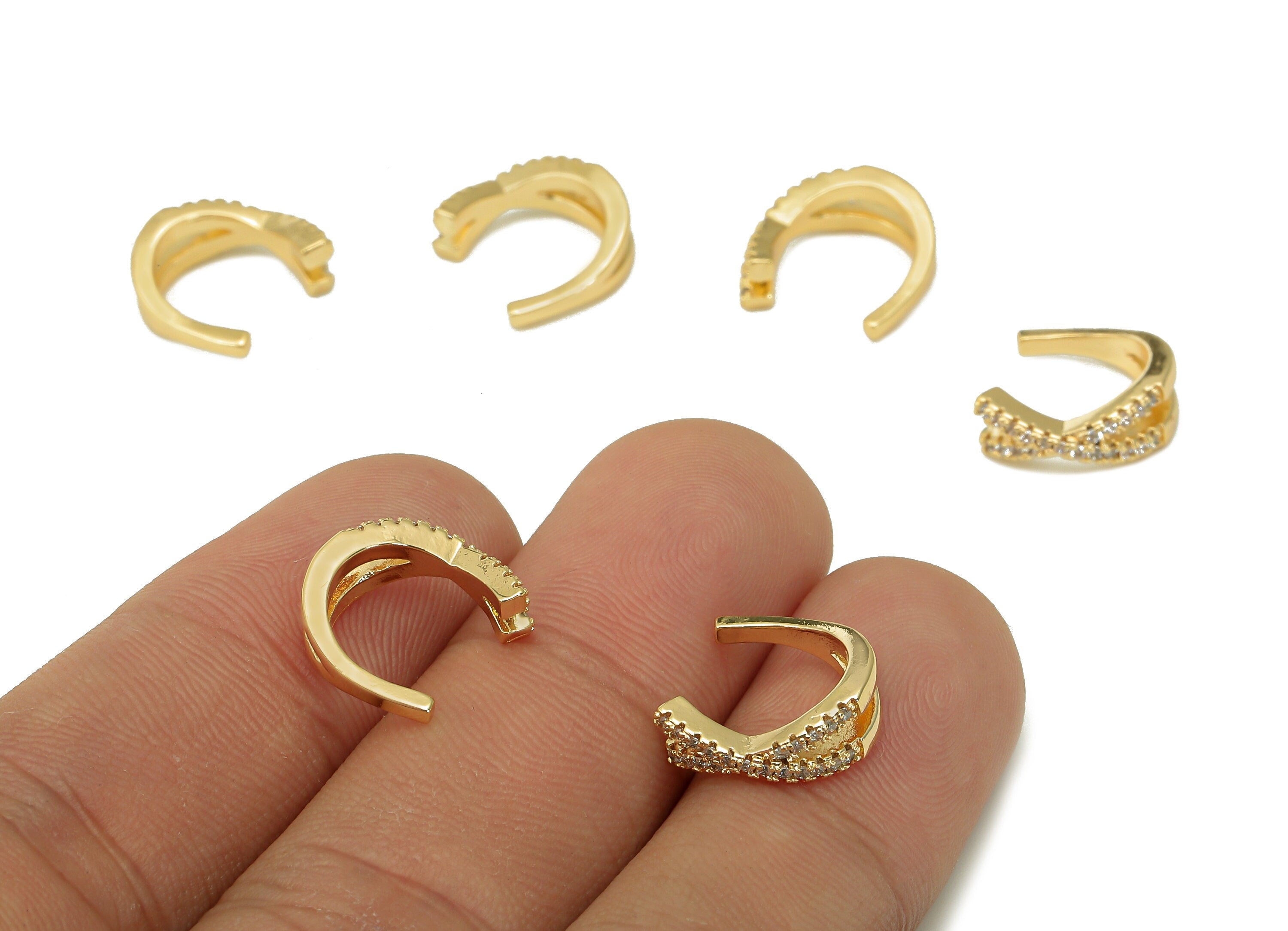 Brass Intersect Open Round C Ring - X Ear Cuff With Zircon - Open Hoop For Stud Earring - 18K Real Gold Plating - 12.1x12.5x1.9mm - RGP5456 - DOMEDBAZAAR