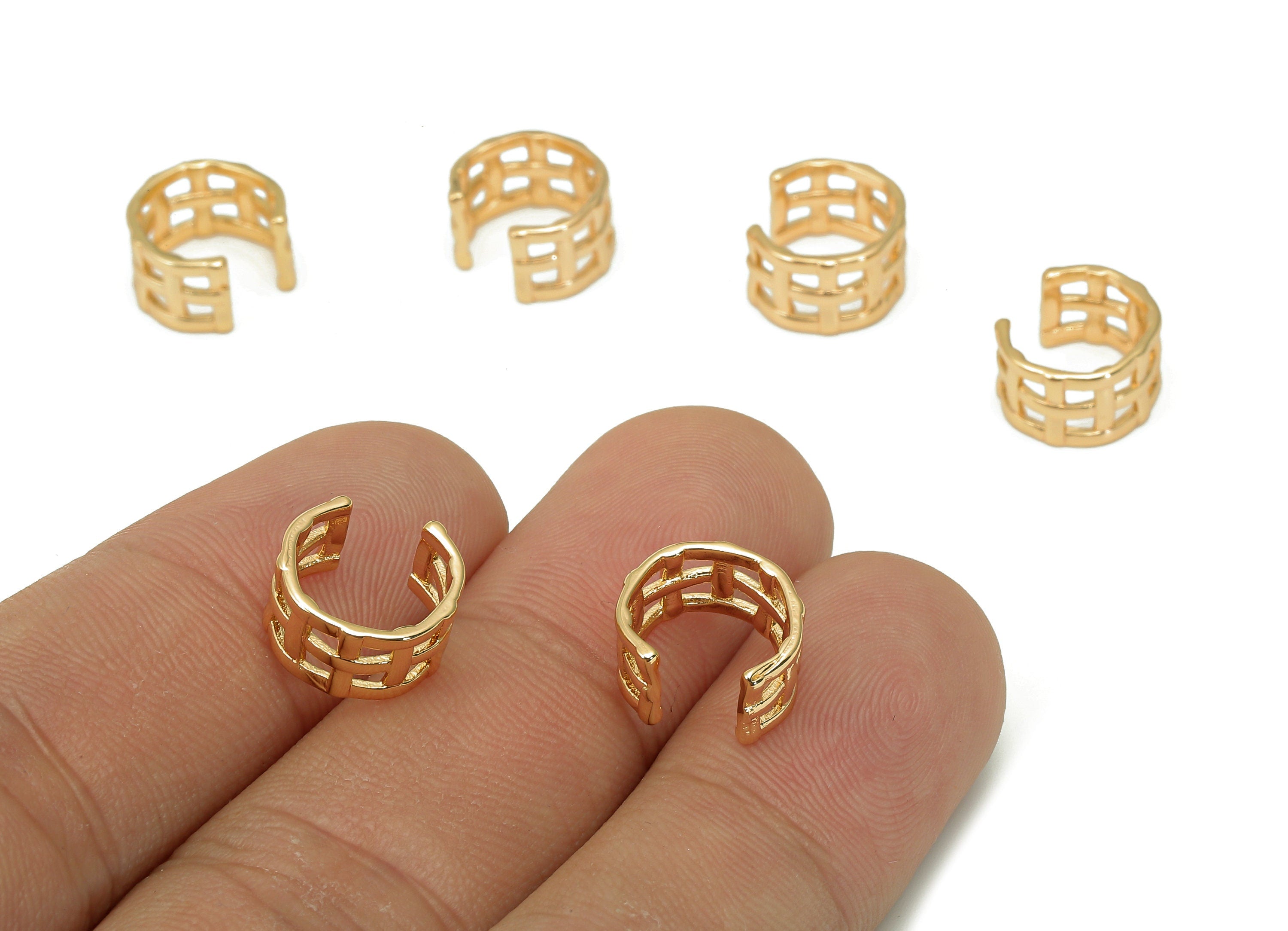 Brass Woven Open Round Ring - Square Hollow Hoop Earring Cuff - Wide C Ear Cuff - 18K Real Gold Plating Cuff Ear - 10.9x6.4x1mm - RGP5532 - DOMEDBAZAAR