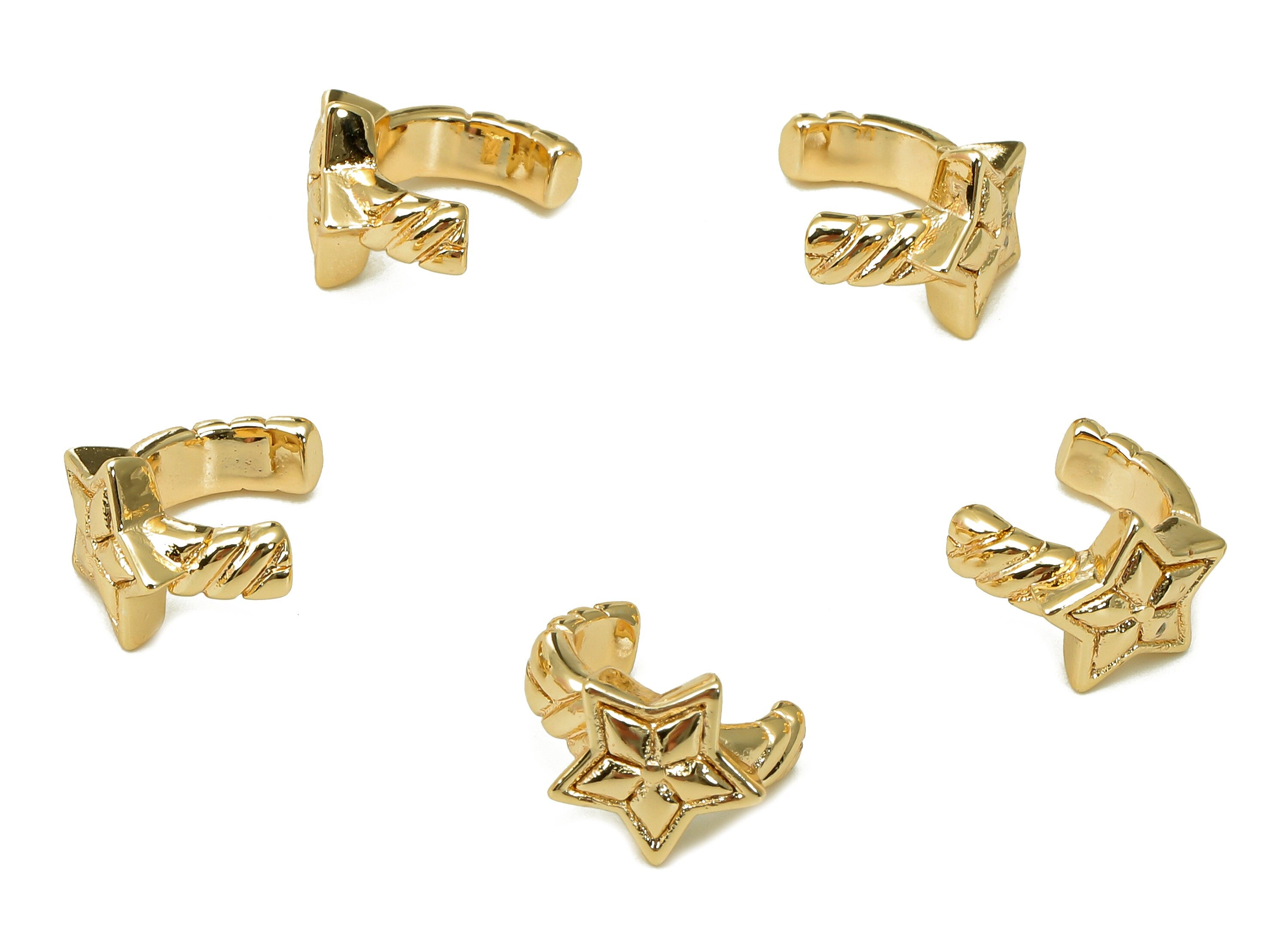 Brass Star Open Round C Ring - Textured Earring Cuff - Hoop Charm For Stud Earring - 18K Real Gold Plating Cuff Ear - 11.8x8.5x2.2mm-RGP5533 - DOMEDBAZAAR